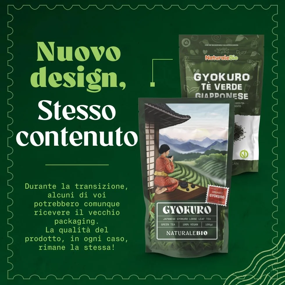 NaturaleBio Tè verde Gyokuro Giapponese Biologico da 100g. Bio, Naturale e Puro, Thè verde in foglie di primo raccolto coltivato in Giappone. Organic Japanese Gyokuro Green Tea.