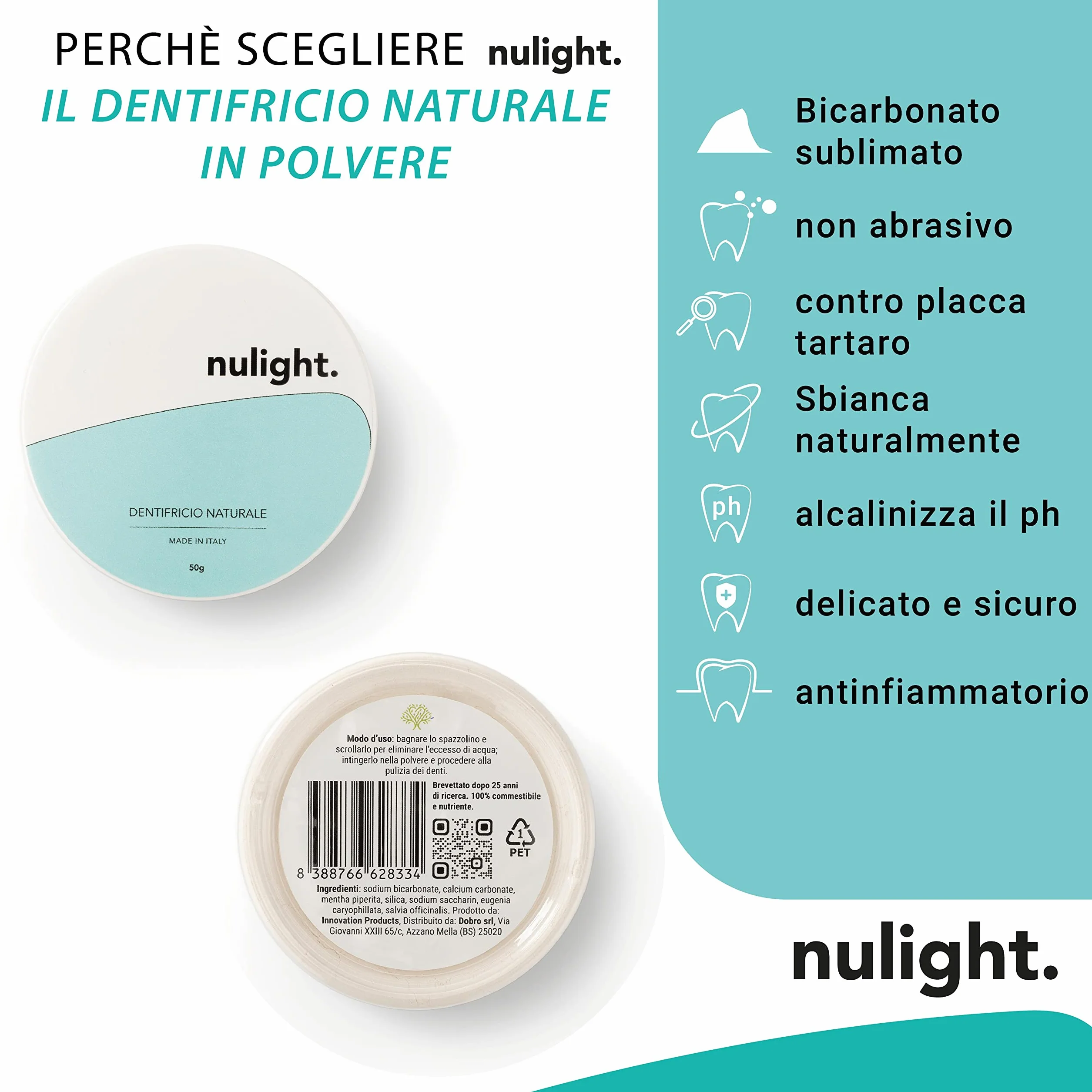 Nulight Dentifricio in Polvere per Sbiancamento Denti Professionale Senza Fluoro per Gengive e Denti Bianchi Sensibili Made in Italy Vegano Bambini e Adulti 50g (1)