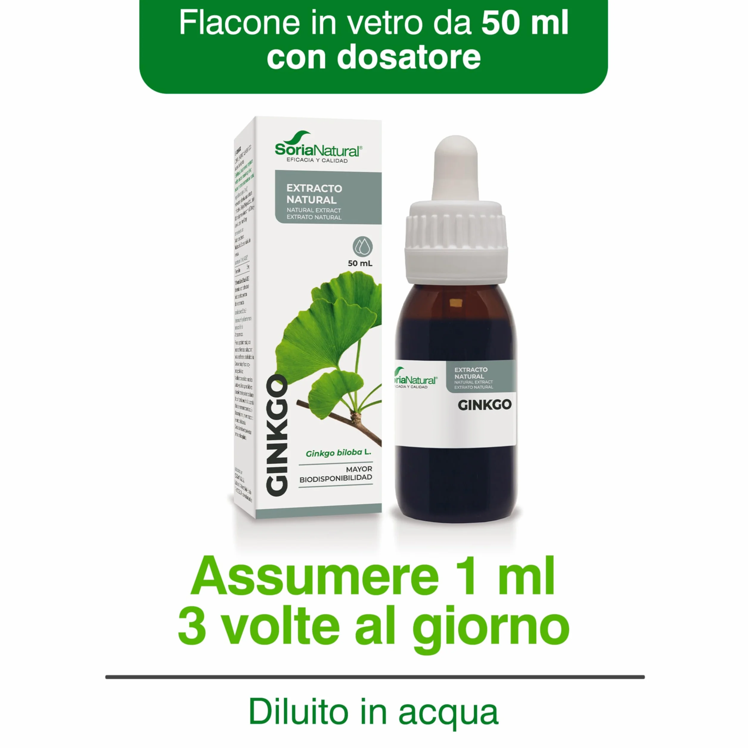 Ginkgo Biloba Integratore Estratto Naturale 50ml - Migliora Memoria, Concentrazione e Circolazione - Ginko Biloba Integratore Memoria e Concentrazione - Soria Natural