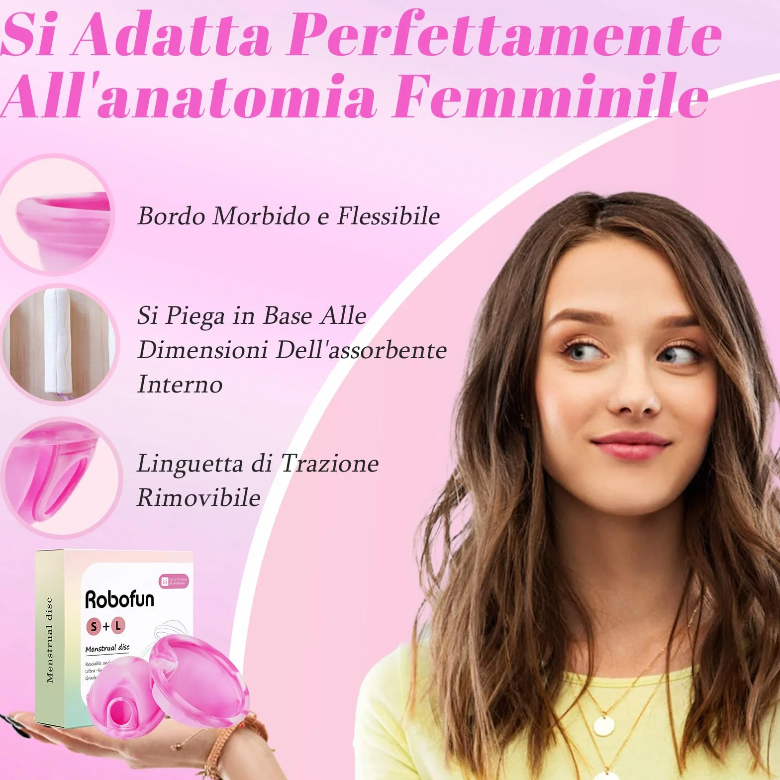 Robofun Disco mestruale, 2 pezzi (S+L) - Coppa mestruale riutilizzabile in silicone medico 100% per tutte le correnti, senza pericolo per lo sport e il nuoto -Bianco&Viola