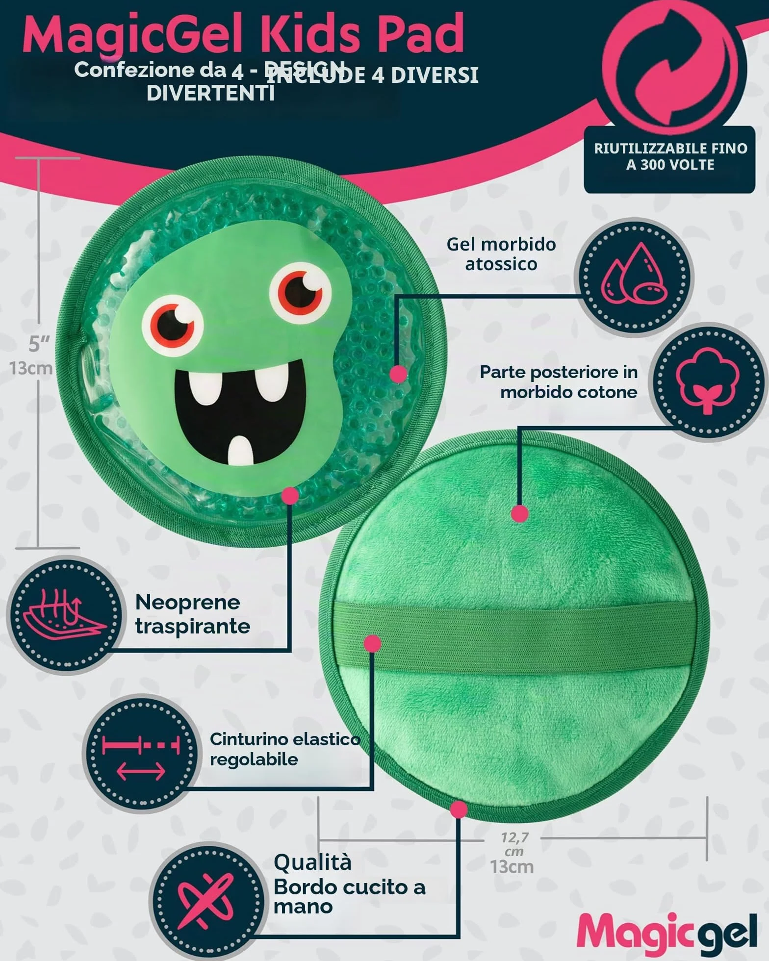 Magic Gel Ghiaccio Gel Riutilizzabile Bambini Set di 4 Impacco Caldo Freddo Freezer Microonde Ginocchio Mal di Denti Febbre Design Piccoli Mostri