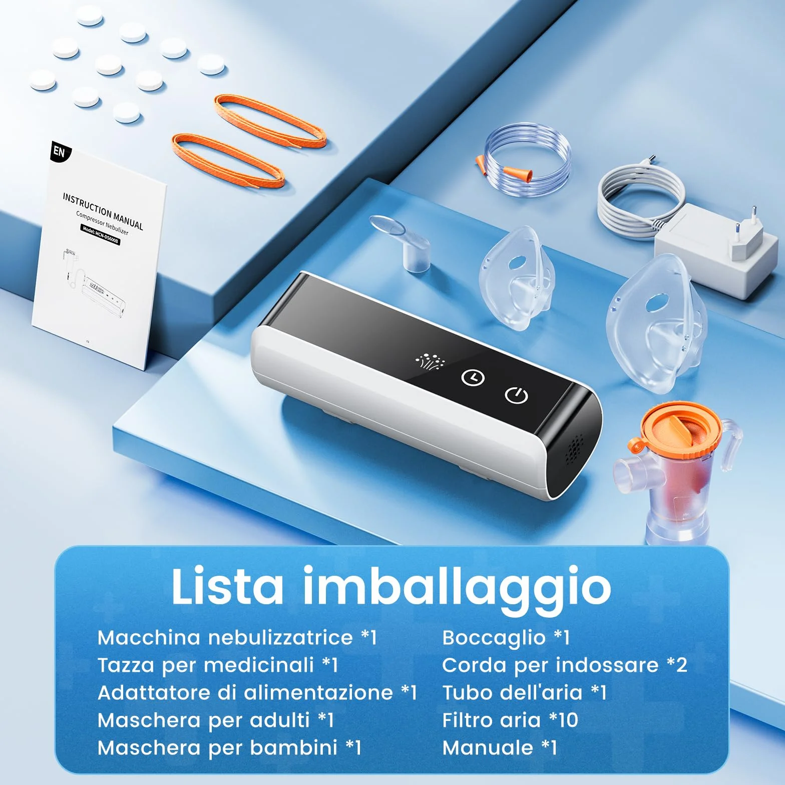 Aerosol per Bambini Adulti LED Intelligente Regolabile Macchina Aerosol con Timer Ultrasuoni Boccaglio 2 Mascherine Tosse Asma