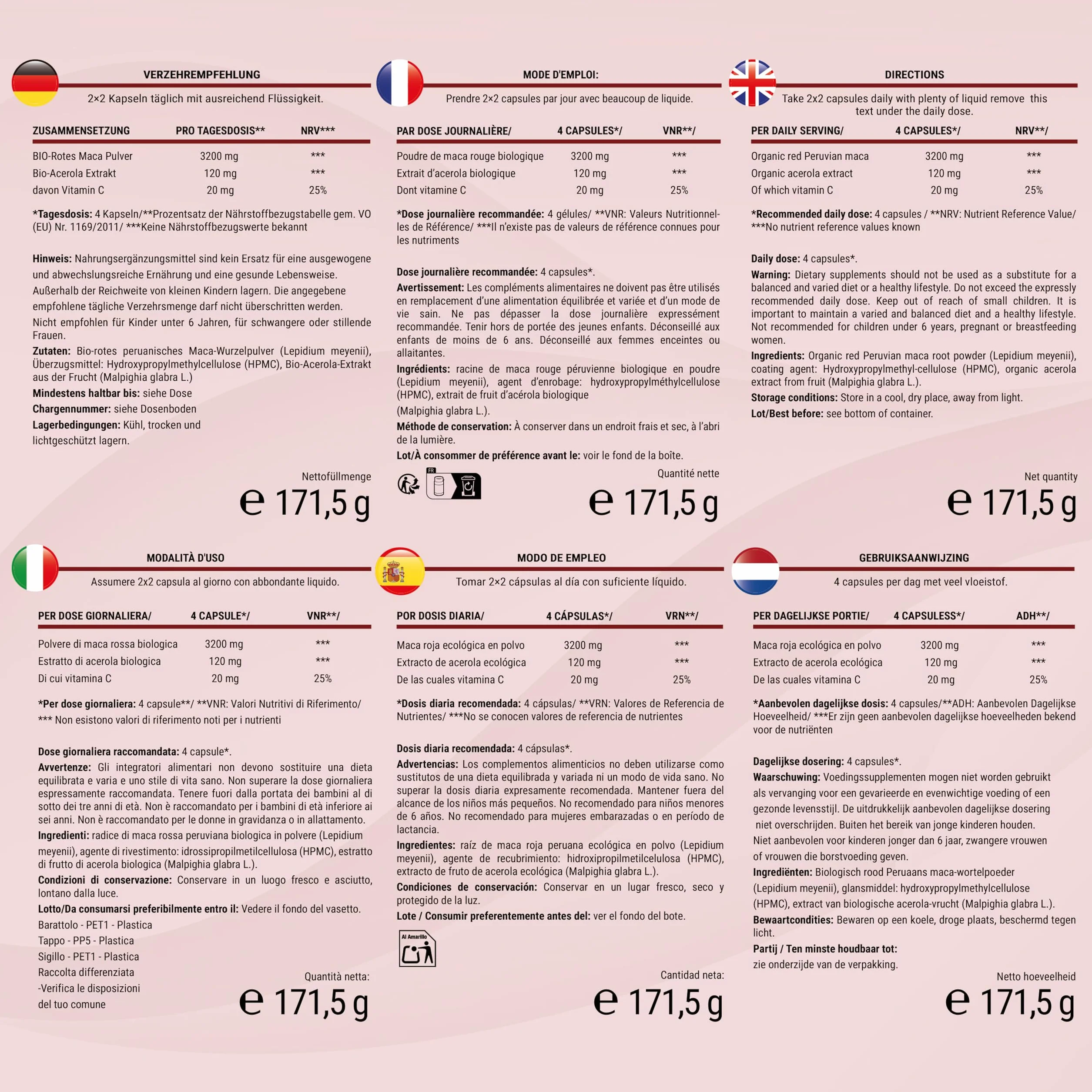 Maca Rossa Peruviana BIO - 180 capsule da radice di Maca Peruviana - Equilibrio ormonale per donna - 3.200mg per dose giornaliera (equivalenti a 12.800mg di radice del Perù) - Con vitamina C naturale