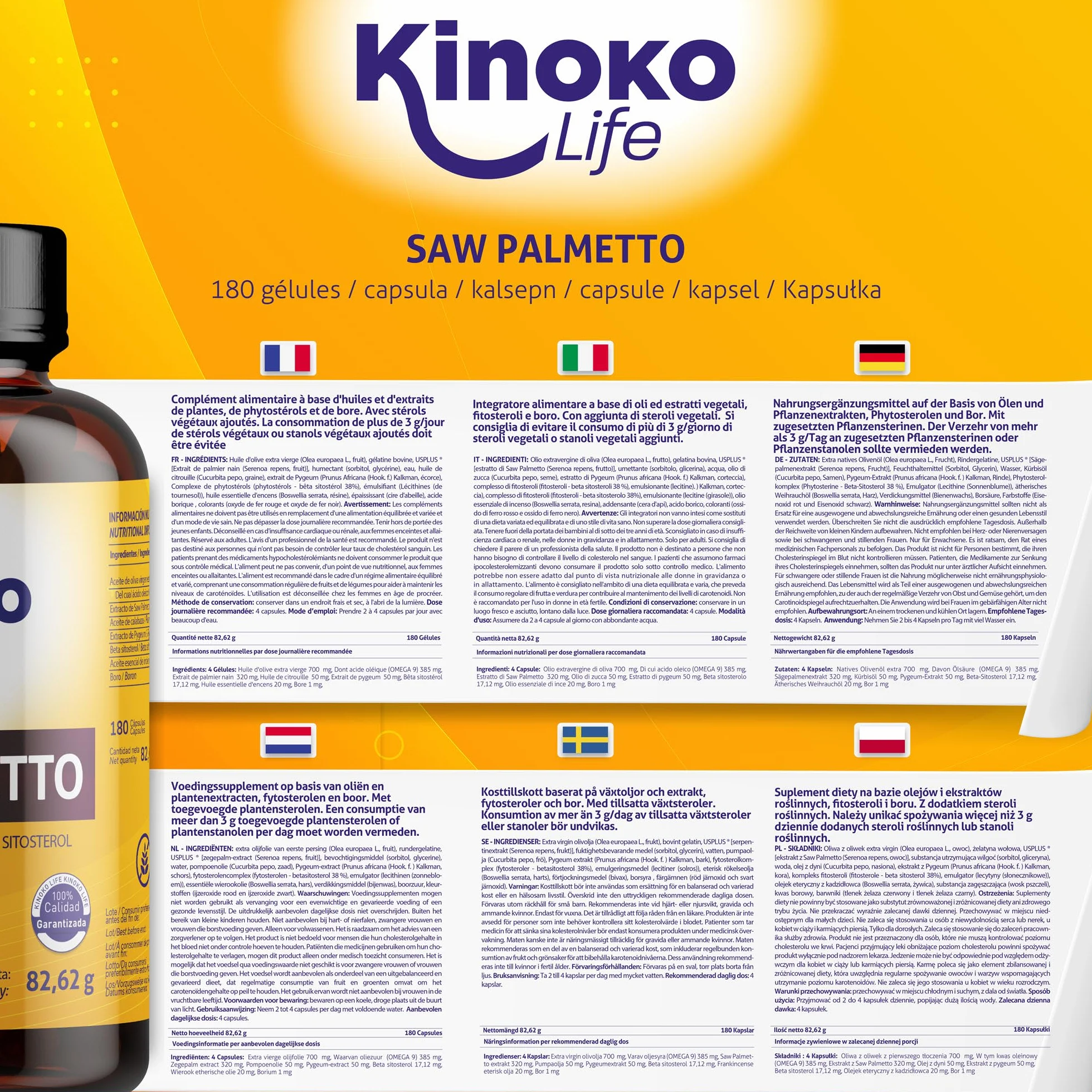 Kinoko Life Saw Palmetto 320 mg 180 capsule Estratto lipidosterolico puro 85-95% con Omega 9 Olio di Semi di Zucca Pygeum Africanum Serenoa Repens Capelli e Prostata