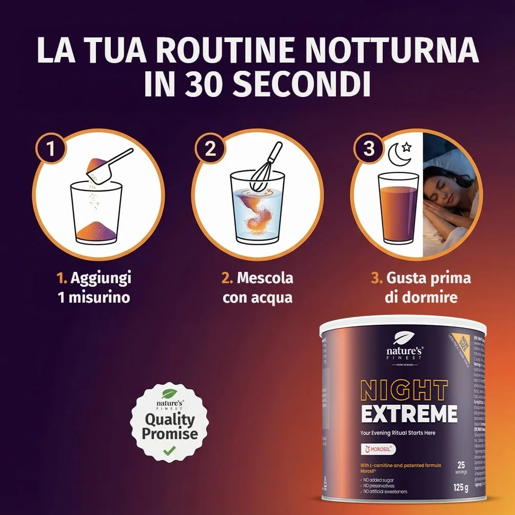Nature's Finest Night Burn Extreme Bevanda Serale in Polvere 125g Arancia Rossa Morosil Valeriana Vite Rosso Vegana Senza Glutine
