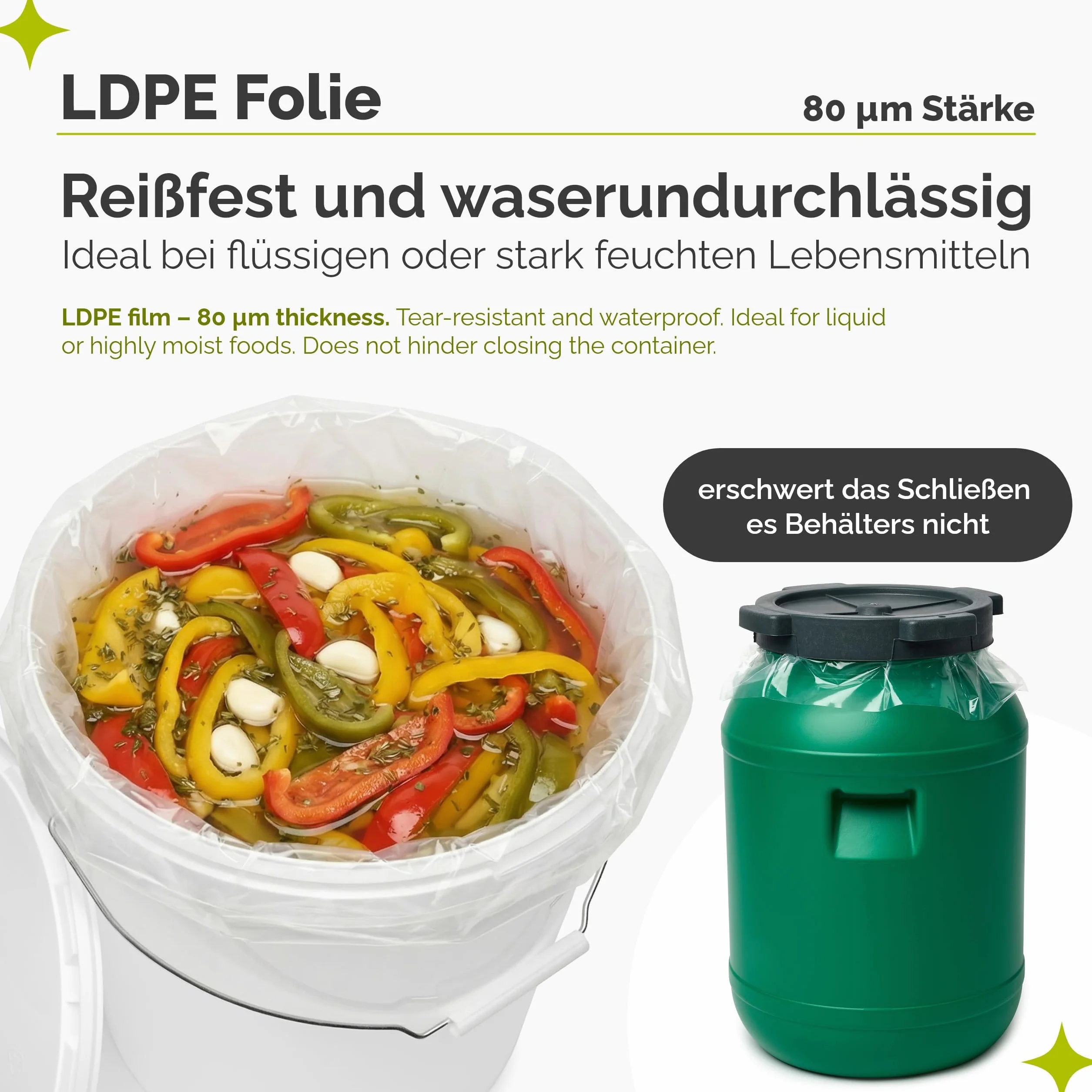Garronda set da 10 pezzi sacchi da 60 litri, 60 x 80 cm in PE trasparente per botti e secchi, per prodotti alimentari, fermentazione, marinatura e conservazione, spessore 80 micron GD-0180