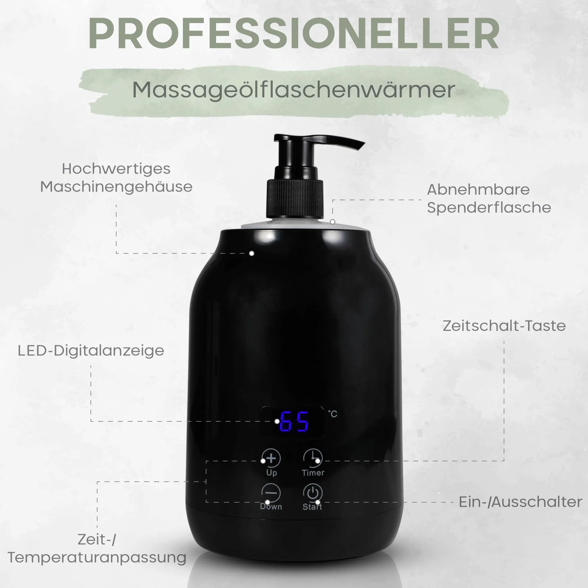 Scaldaolio da Massaggio | Bottiglia di Plastica Esterna (2x) | Per Olio da Massaggio e Oli Essenziali | Einstellbare Temperatur (30-65 Grad) | Massaggio Benessere e Relax | Scaldino Elegante (Nero)