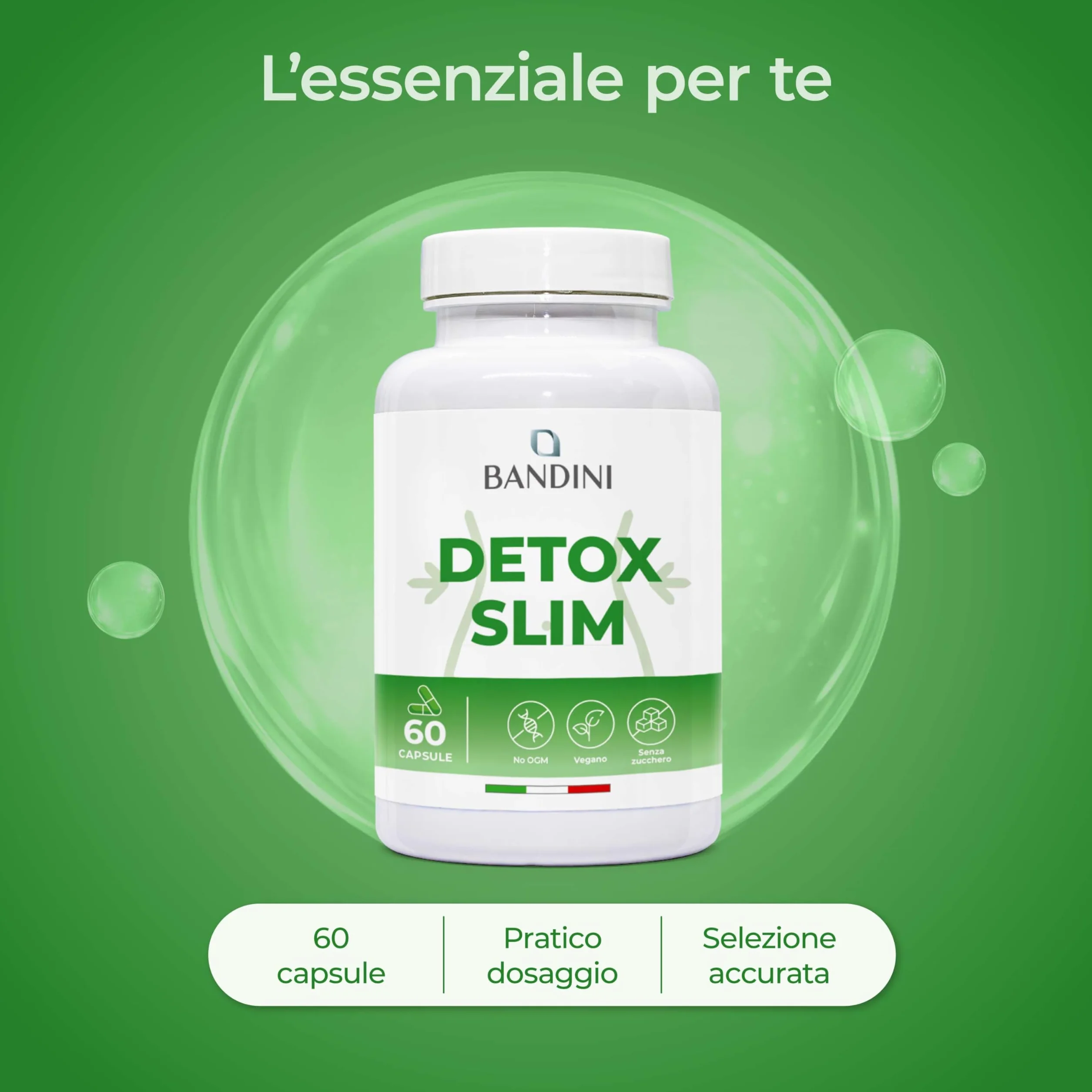 Bandini DETOX SLIM 60 Capsule Vegan Drenante Antiossidante Depurativo Detossificante Fegato Intestino Estratti Vegetali Bromelina Tarassaco Pilosella Betulla