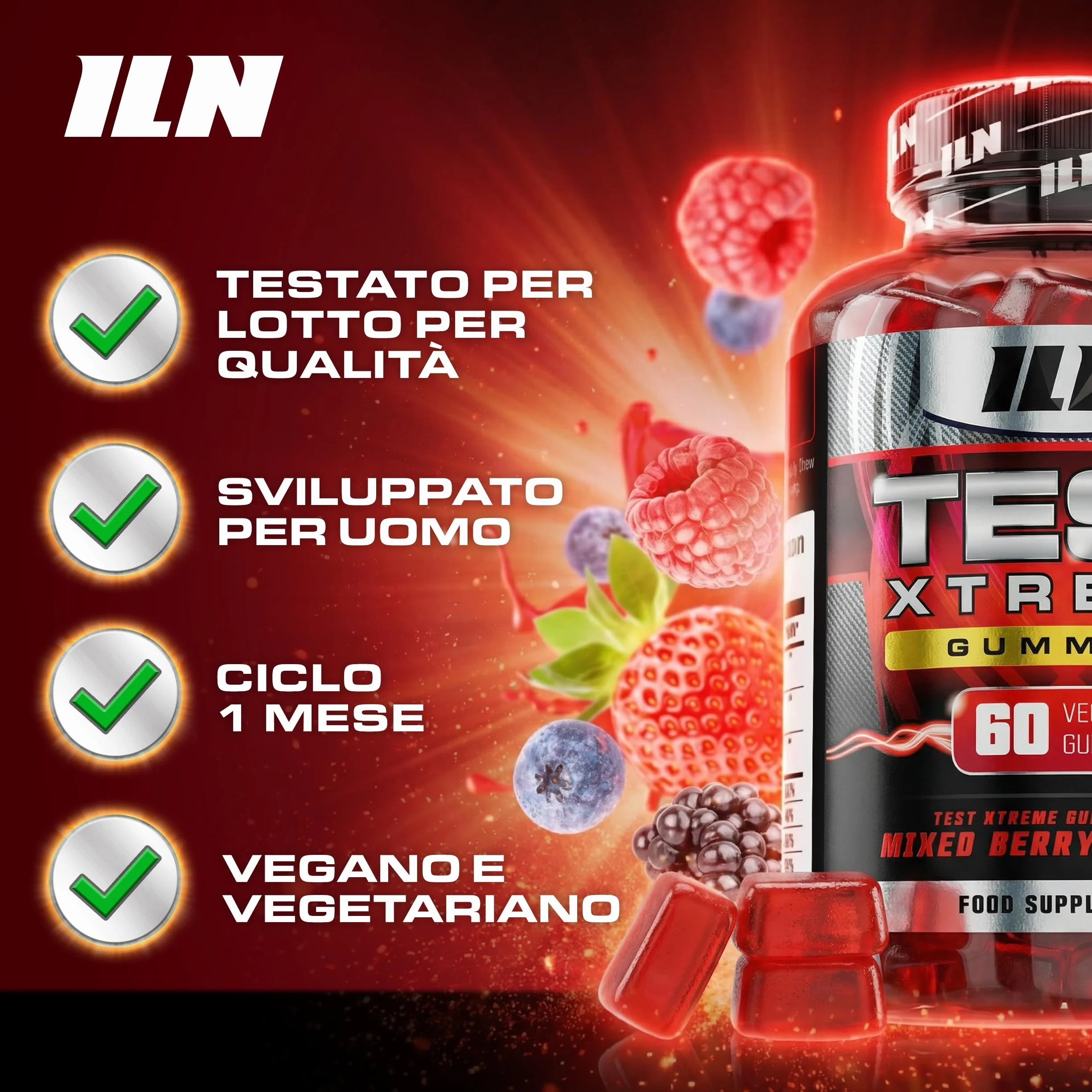 Test Xtreme Gommose Uomo - Maca 30:1, Ginseng, Zinco - Senza Zuccheri, Gusto Frutti di Bosco - 60 Gommose Vegane