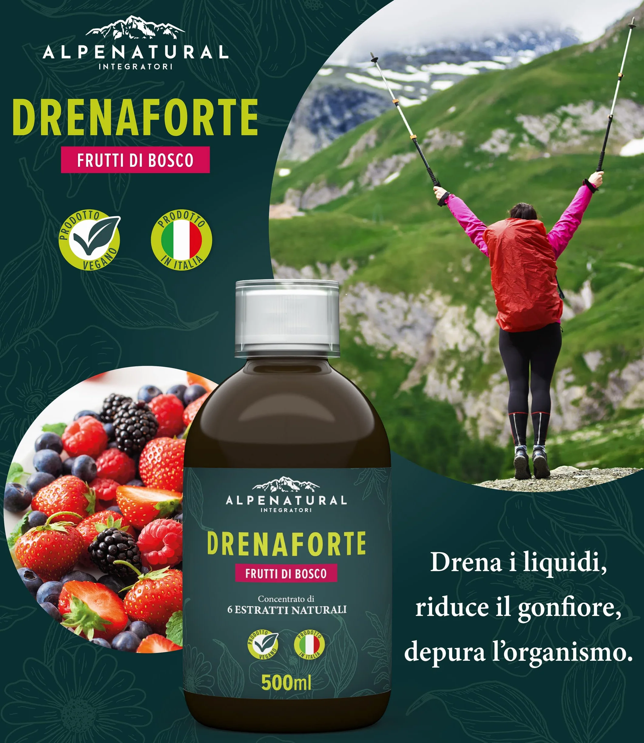 Drenaforte Drenante Forte Concentrato di 6 Estratti Naturali Detox Depurativo Naturale Ritenzione Idrica Frutti di Bosco Vegano 500 ml