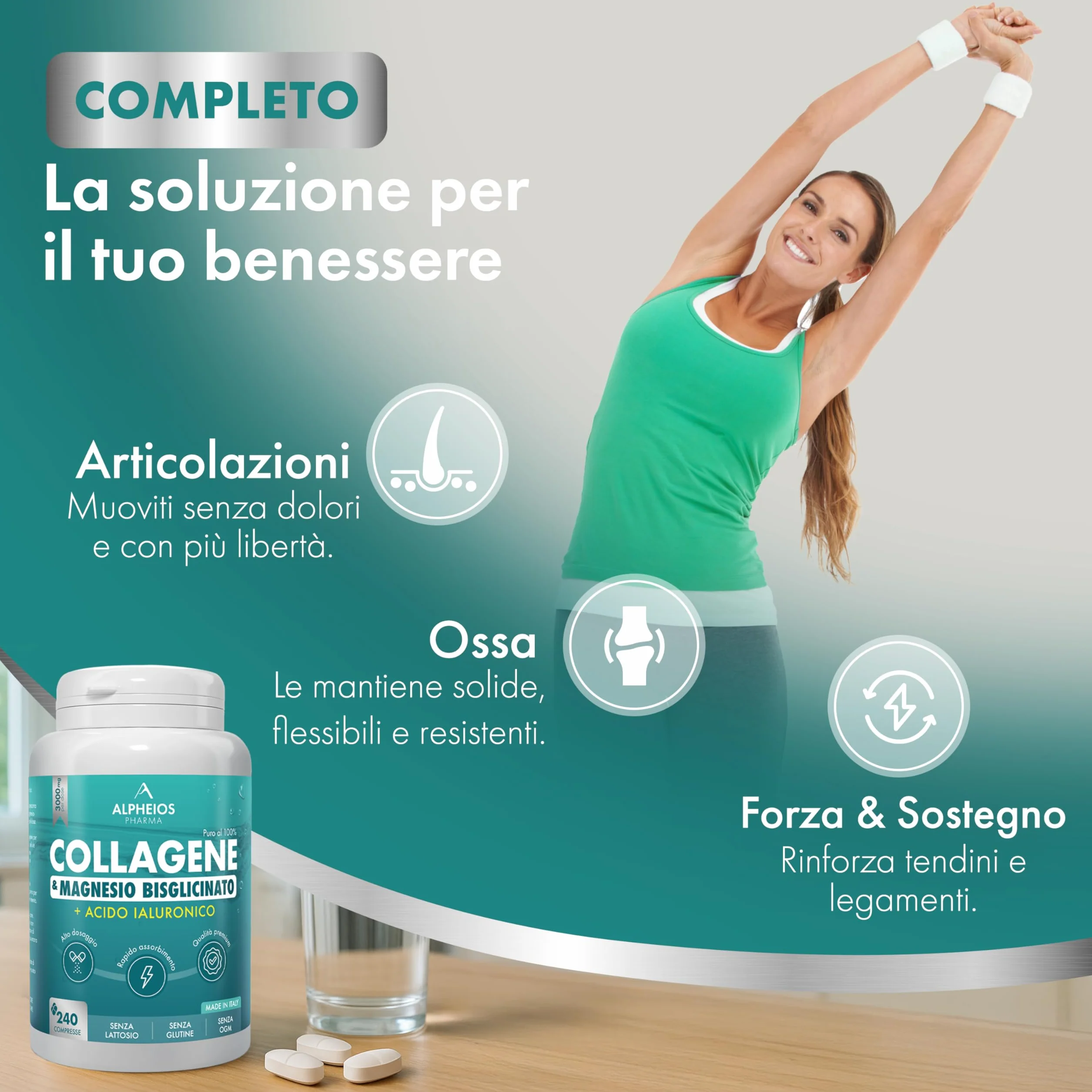Collagene e Acido Ialuronico + Magnesio Bisglicinato 240 Compresse 3000 mg Integratore Articolazioni Ossa Pelle