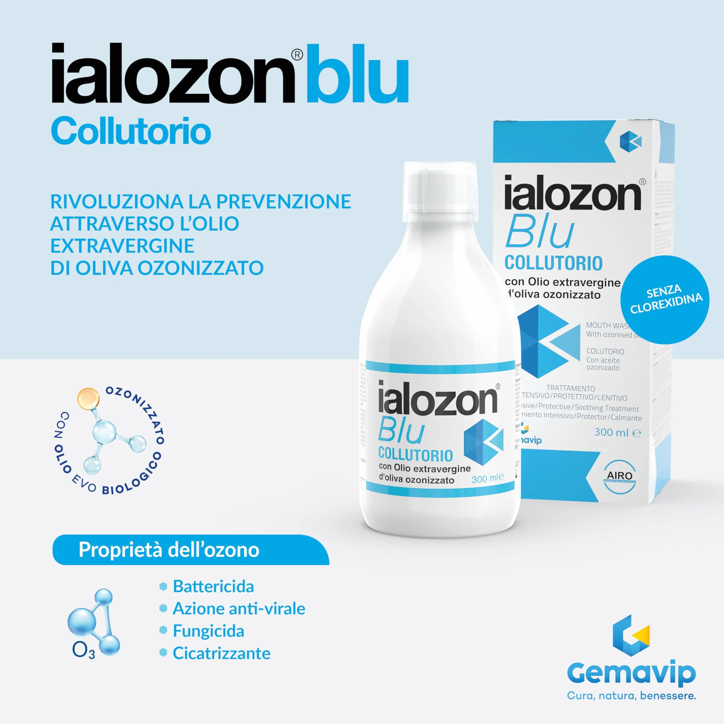 Ialozon Blu Collutorio con olio d’oliva ozonizzato, acido ialuronico, aloe vera, vitamina e bicarbonato di sodio, Senza alcol