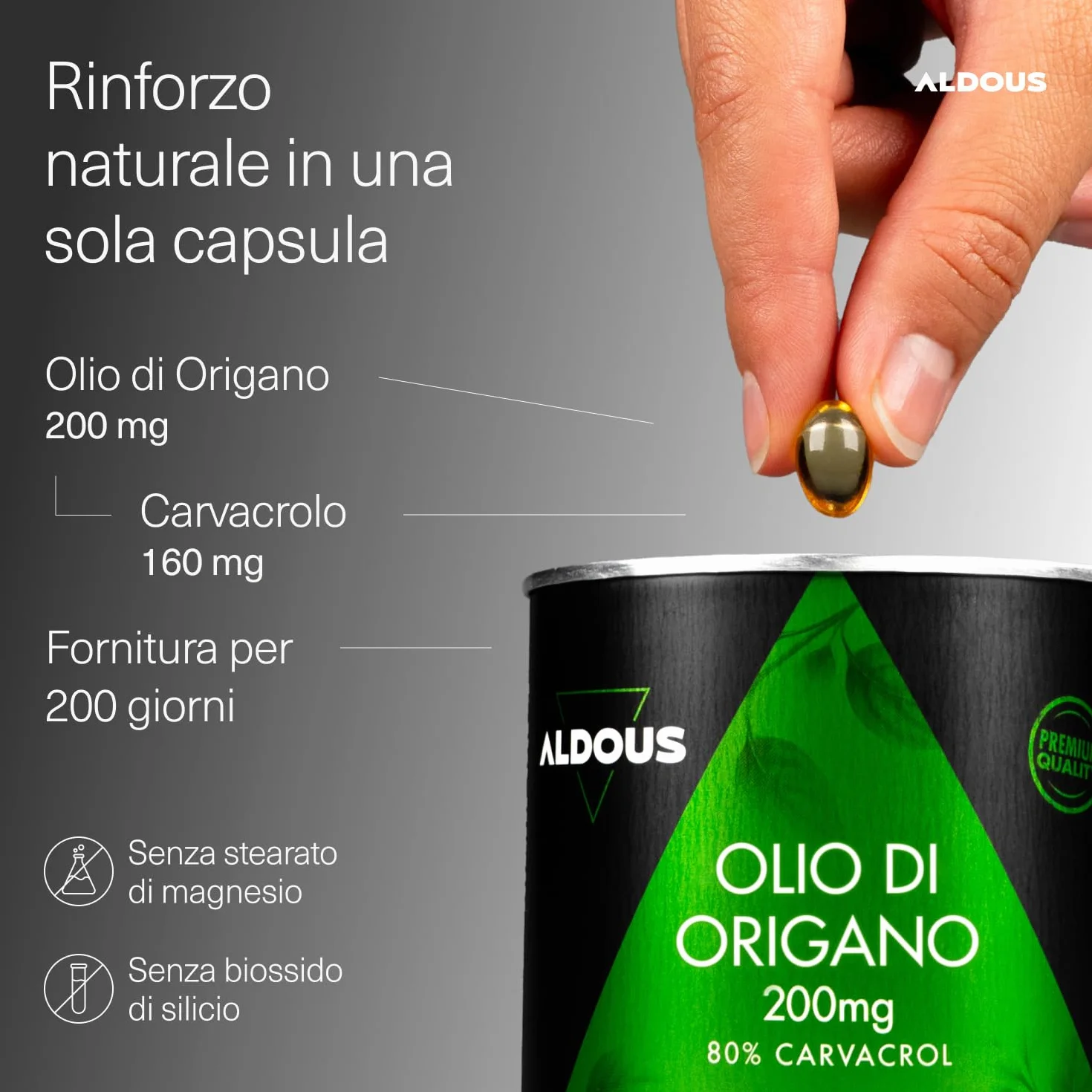 Olio di Origano 200 Capsule 160mg Carvacrol 80% Integratore Sistema Immunitario ALDOUS