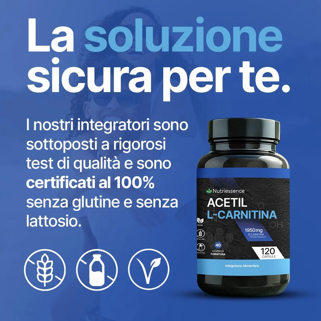 Acetil L-Carnitina 1950 mg 120 Compresse Integratore Energia Metabolismo Concentrazione Forza Mentale Senza Glutine Lattosio