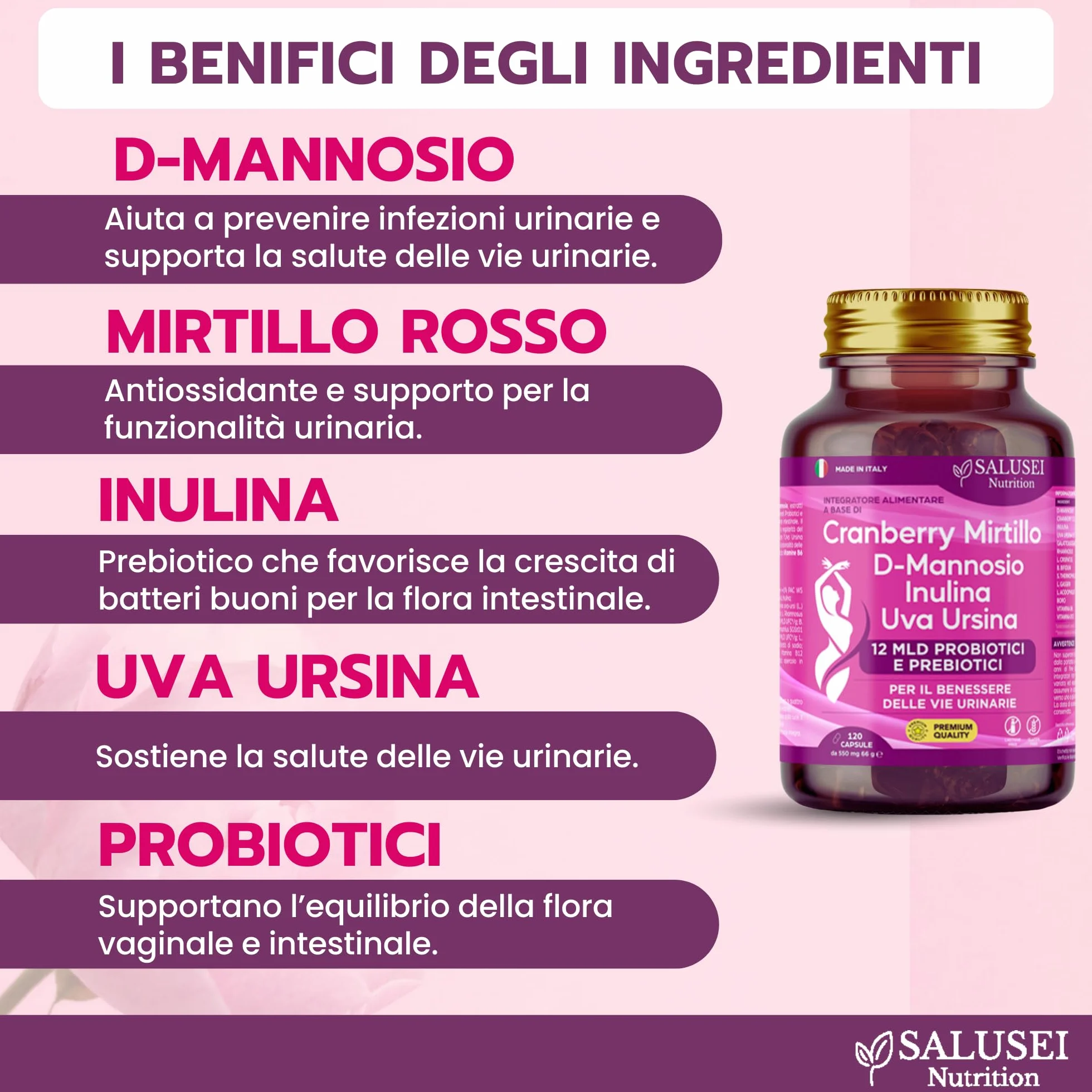 D-Mannosio Capsule Integratore per Cistite con Cranberry, Uva Ursina, Probiotici Donna e Candida Support