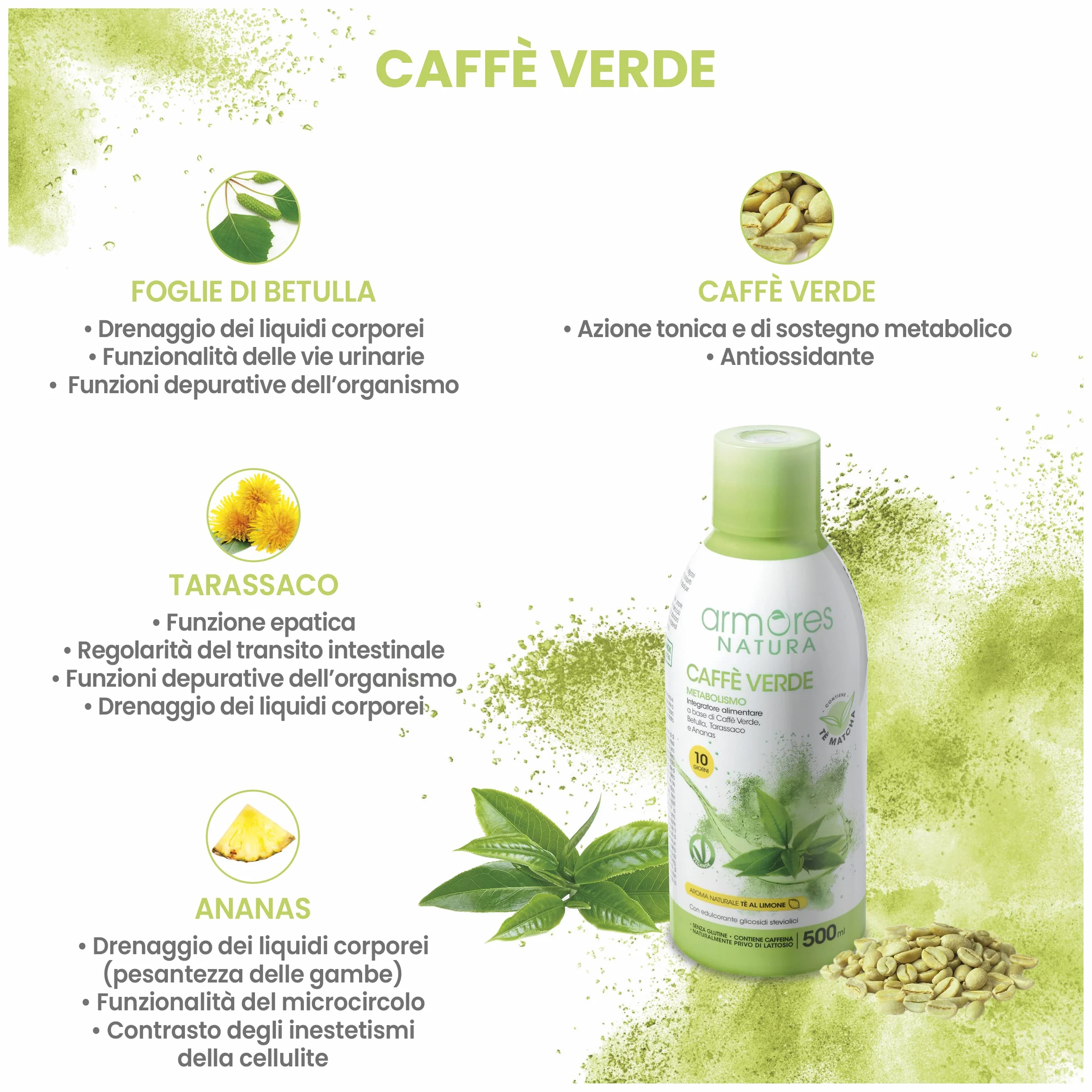 Armores Natura Integratore Alimentare Caffè Verde Betulla Tarassaco Ananas Tè Matcha Vegano Senza Glutine Lattosia Flacone 500ml