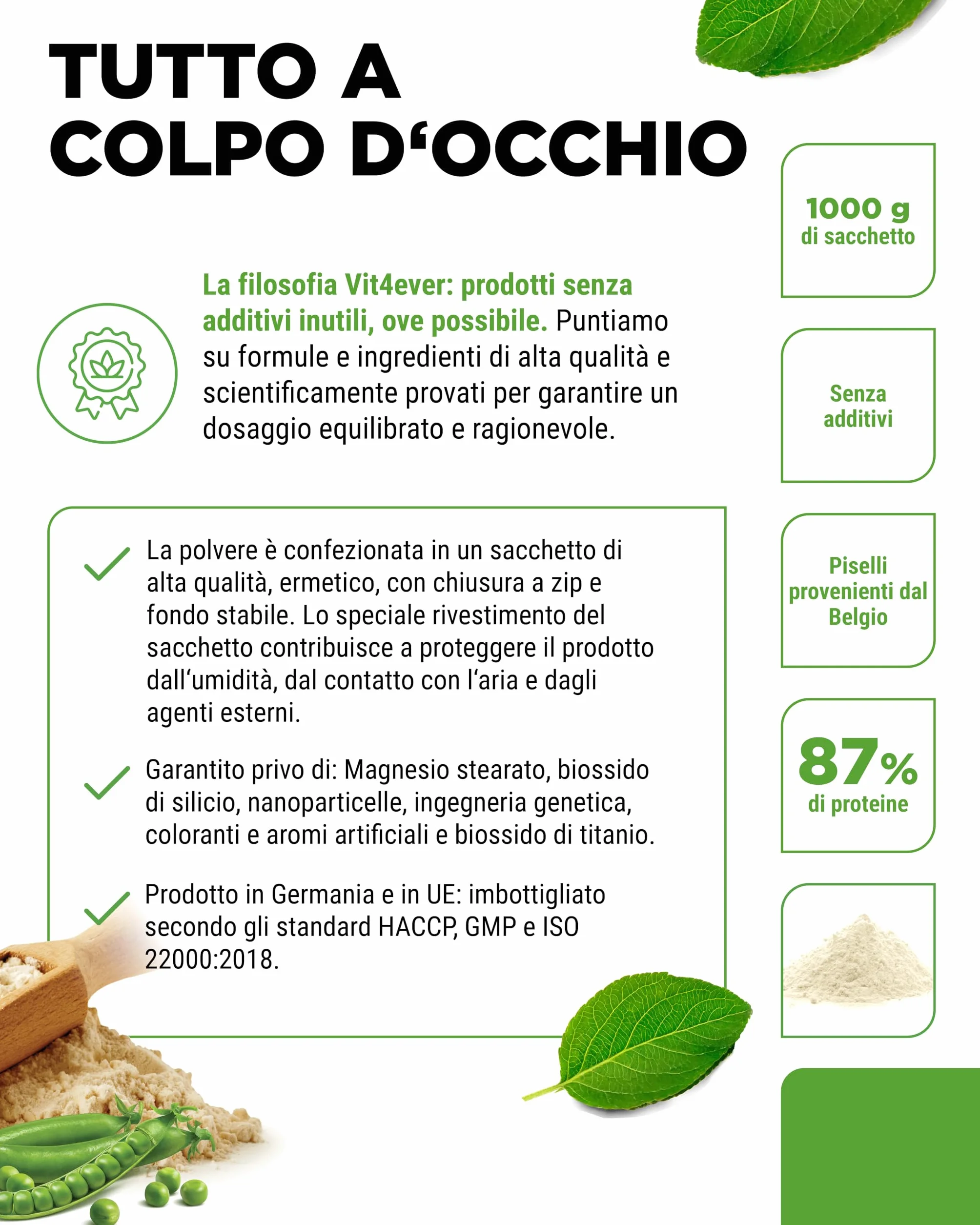 Proteine del Pisello in Polvere 1000g 87% Proteine 100% Isolate Vegane Senza Zucchero Glutine Soia Lattosio