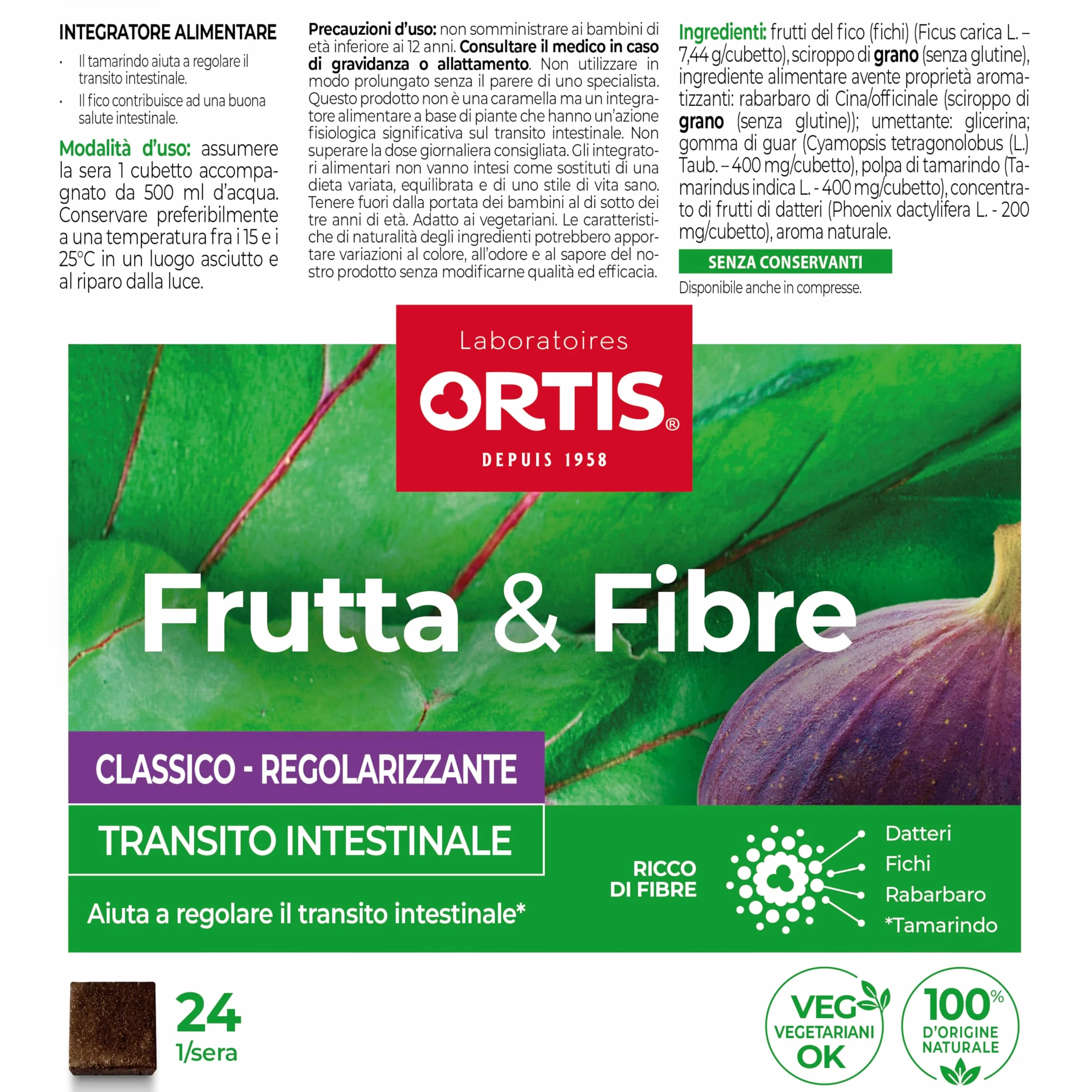 Ortis - Frutta & Fibre Classico 24 Cubetti - Integratore Alimentare Che Aiuta a Regolare il Transito intestinale - Pigrizia intestinale Frequente -100% Naturale a Base di Rabarbaro e Fichi