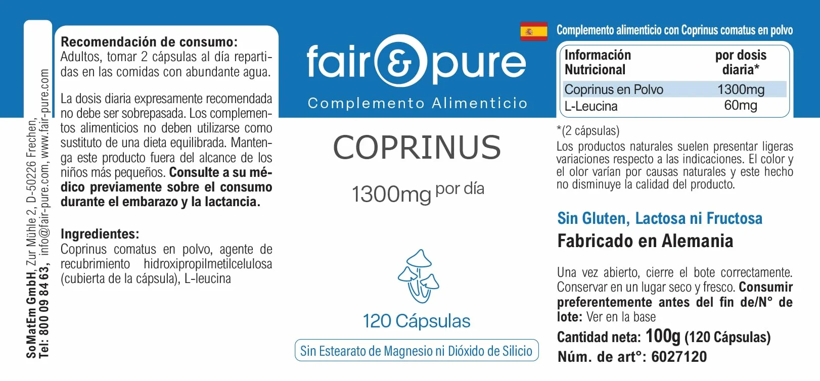 Fair & Pure Capsule di Coprinus 1300mg dose giornaliera, 120 pezzi, fungo coprinus, integratore alimentare vegano senza additivi, prodotto in Germania