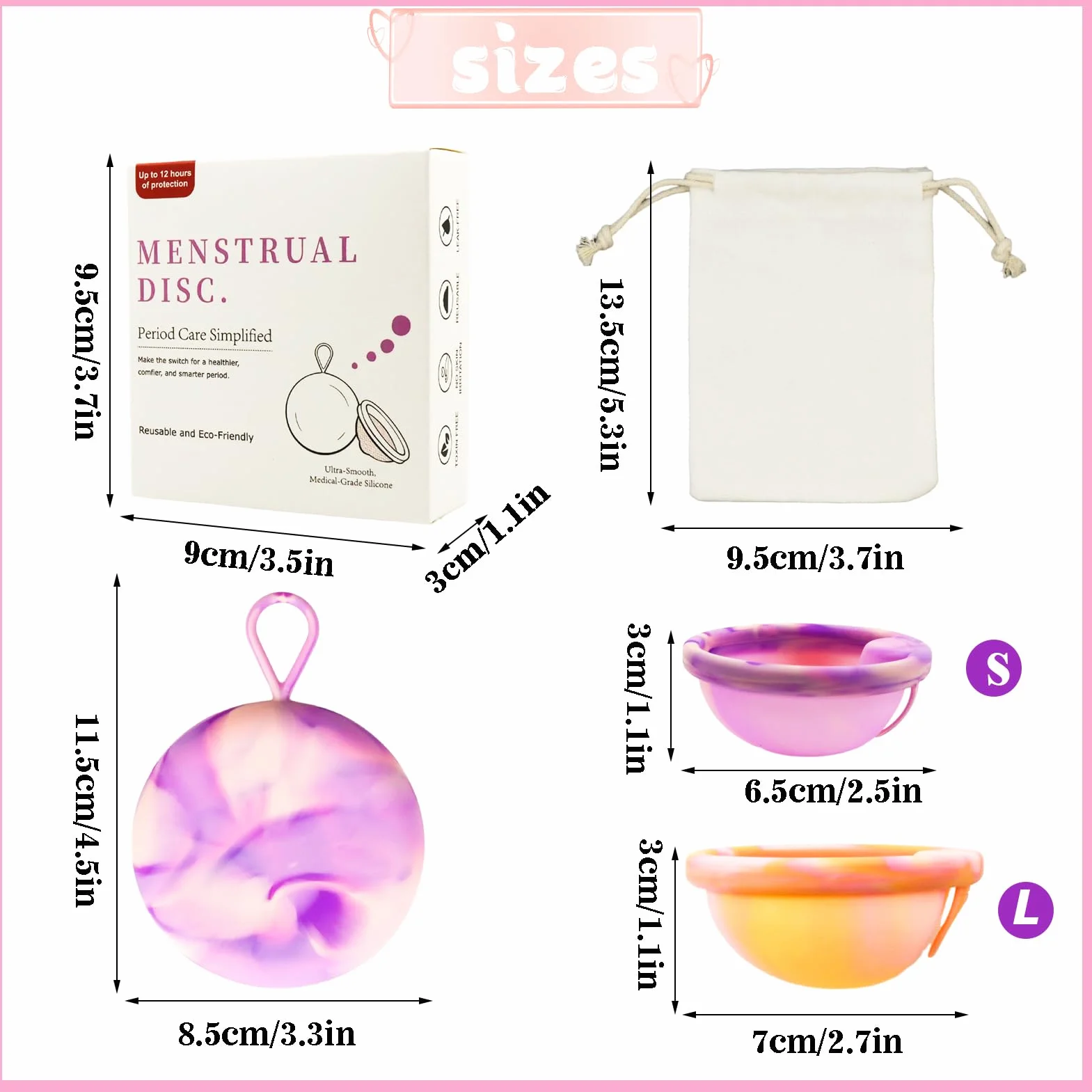 Disco Mestruale Set,con 1 Disco Mestruale M+1 Disco Mestruale L,silicone Disco,Sacchetto di stoccaggio,Manuale d'uso,per un periodo leggero e forte,Sicuro per sport,nuoto