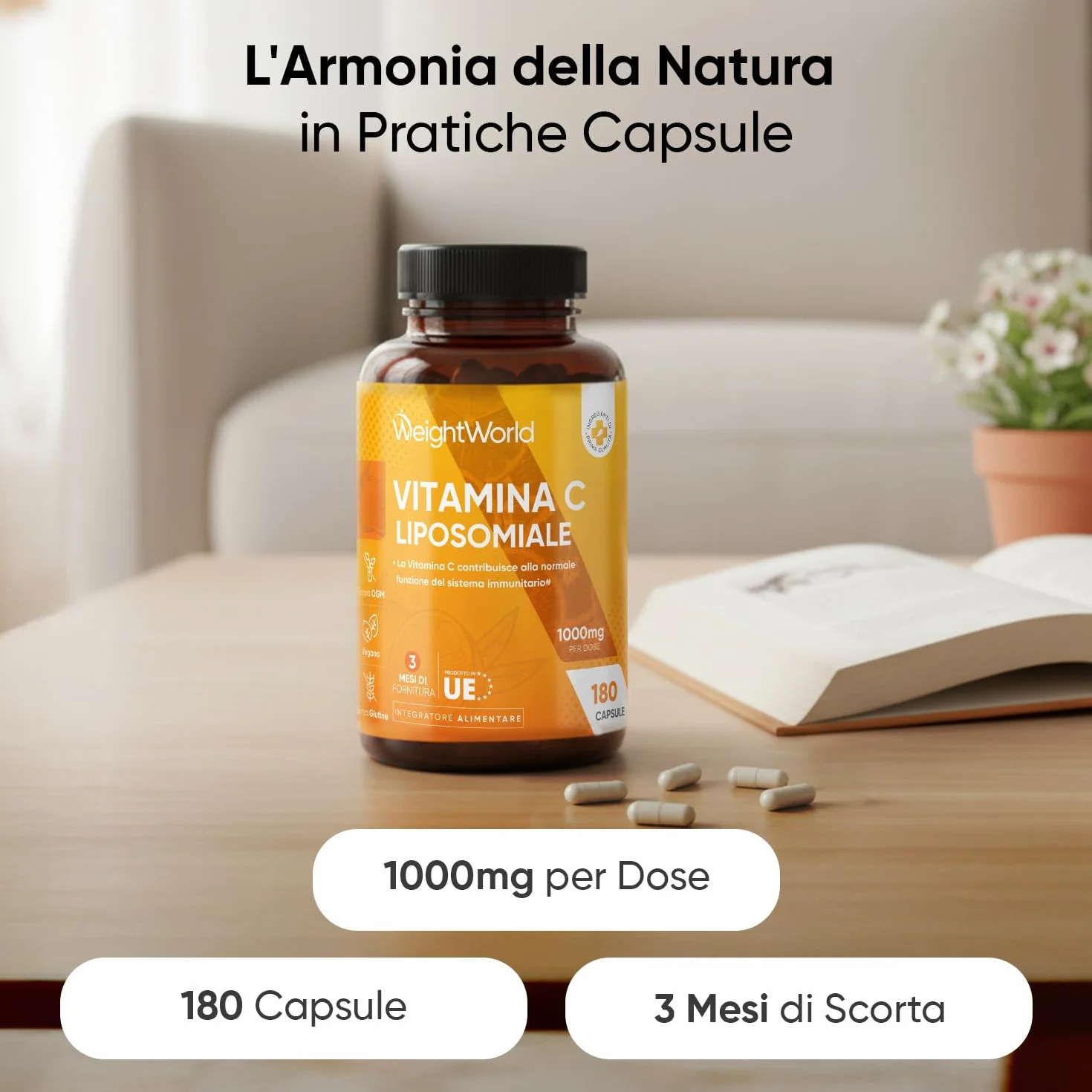 Vitamina C Liposomiale 1000mg Vegana, 180 Capsule Acido Ascorbico, Integratore Immunitario, Senza Glutine, Prodotto in UE