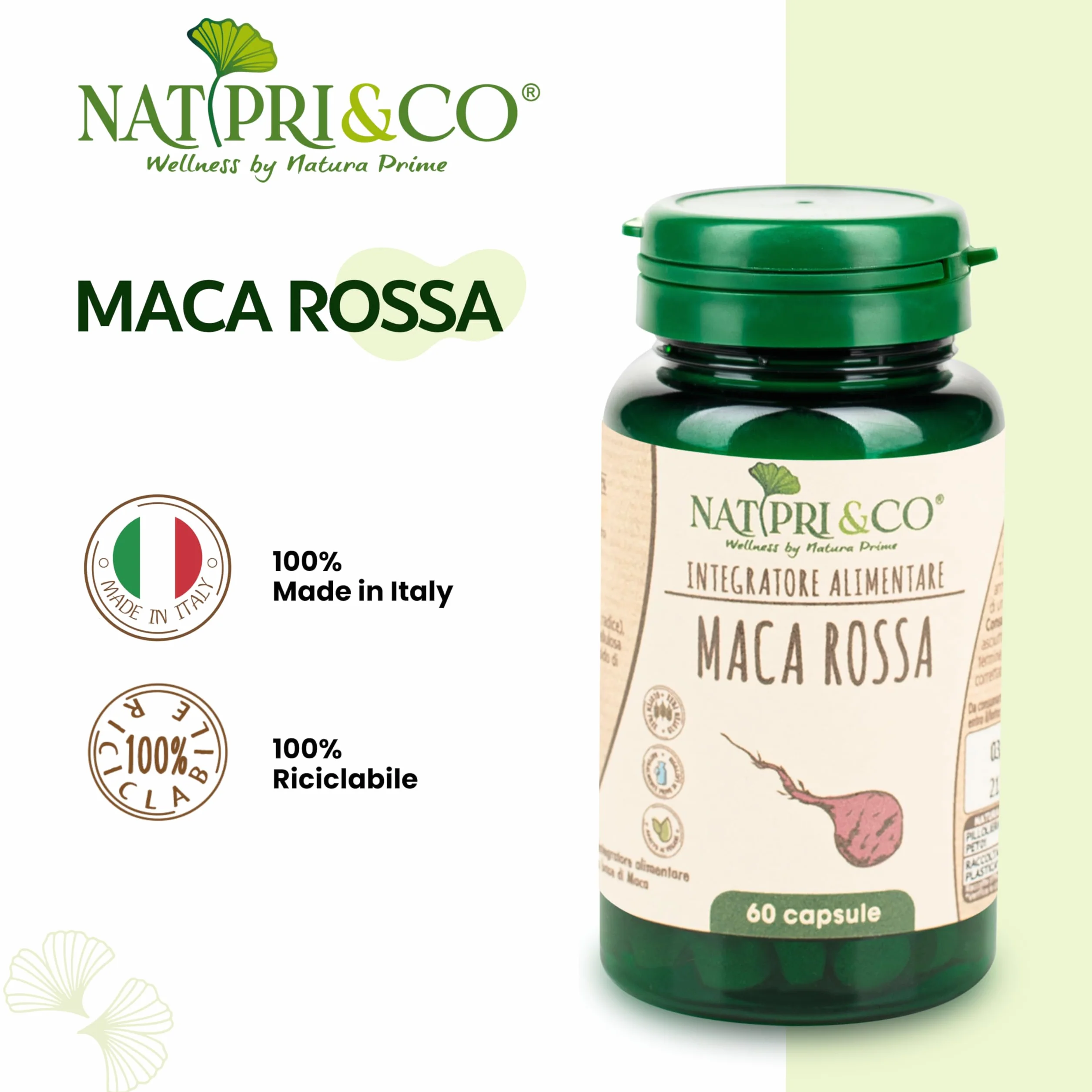 Natura Prime - Maca Rossa - Radice Energizzante, Migliora L'Equilibrio Ormonale Per Uomo E Donna - 60 Capsule - Vegano, Senza Glutine E Senza Lattosio