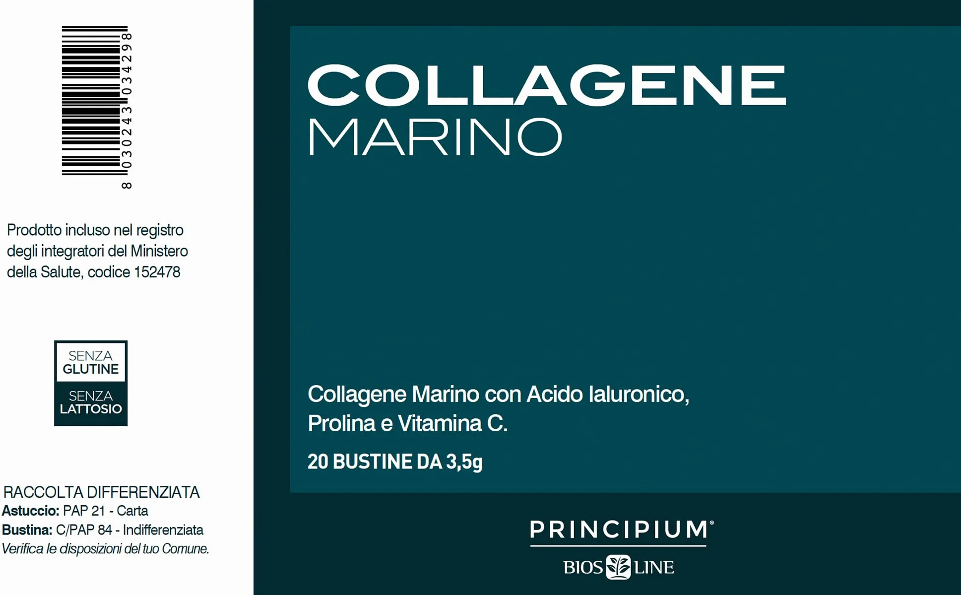 BIOS LINE Principium Collagene Marino Integratore Alimentare per l'Elasticità della Pelle, 20 Buste 3,5g