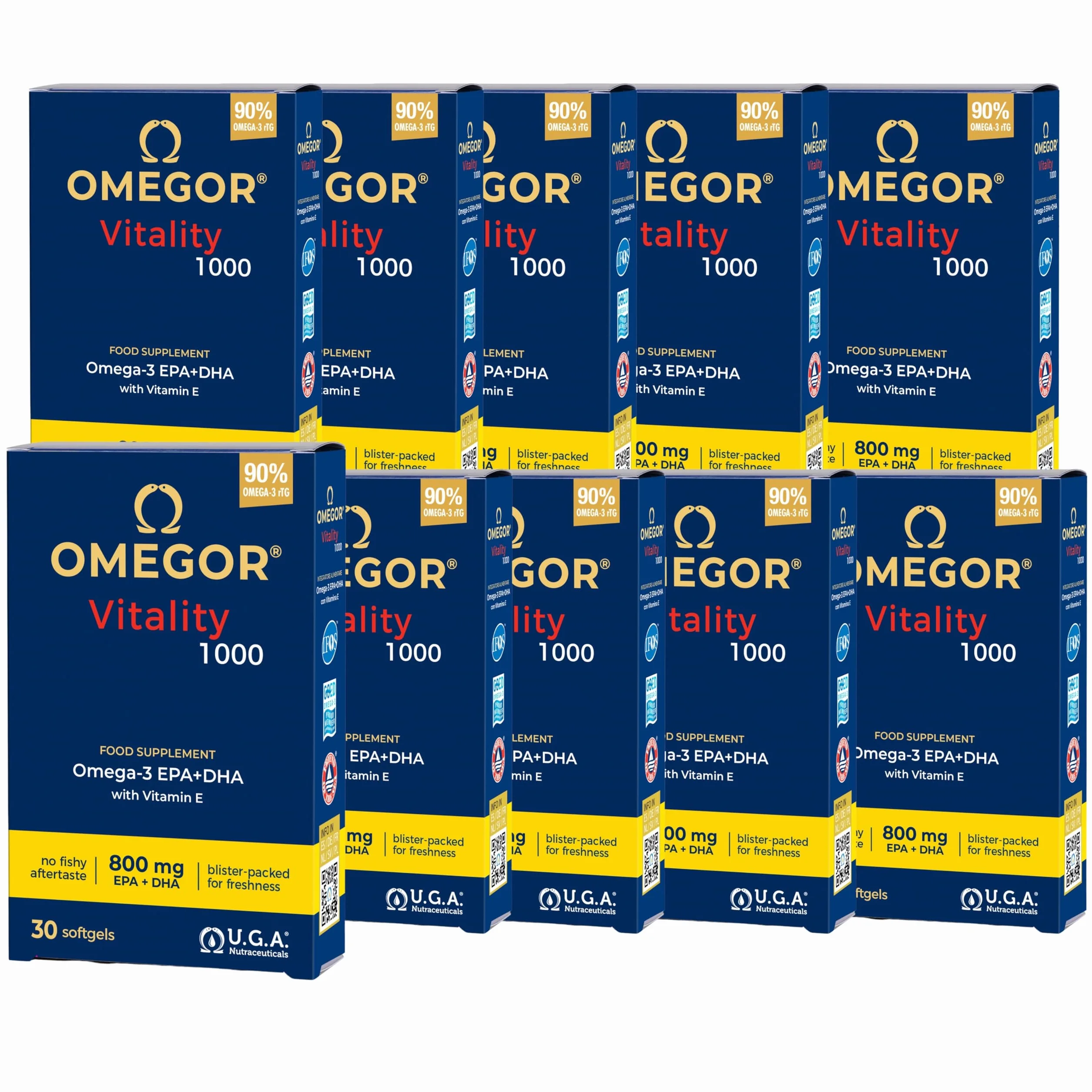Omega3 2000 mg ad Alto Dosaggio - Omega 3 IFOS 5 Stelle - OMEGOR Vitality 1000 - 30cps (10 Confezioni)