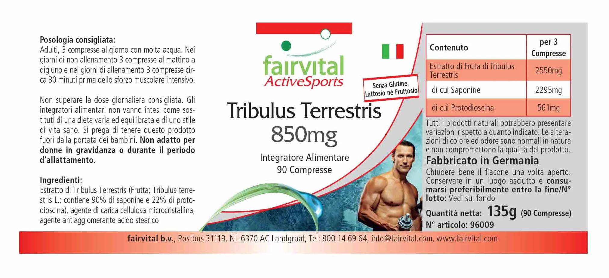 Fairvital Tribulus Terrestris 850 mg 90 compresse ALTO DOSAGGIO 90% saponine 22% protodioscina VEGANO