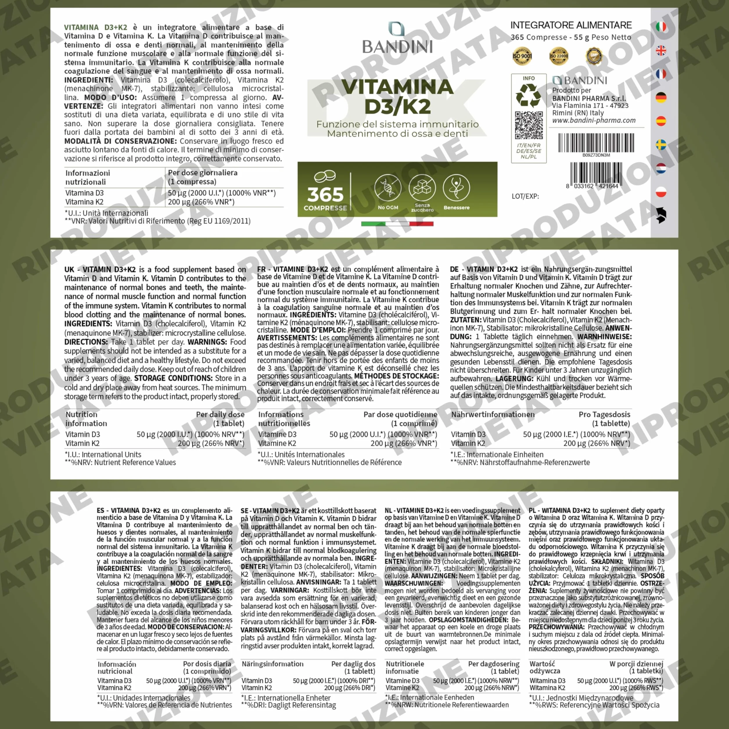 Bandini Vitamina D3 K2 365 Compresse 2000 UI + 200 mcg MK-7 99% All Trans per Ossa Denti Muscoli Articolazioni Sistema Immunitario