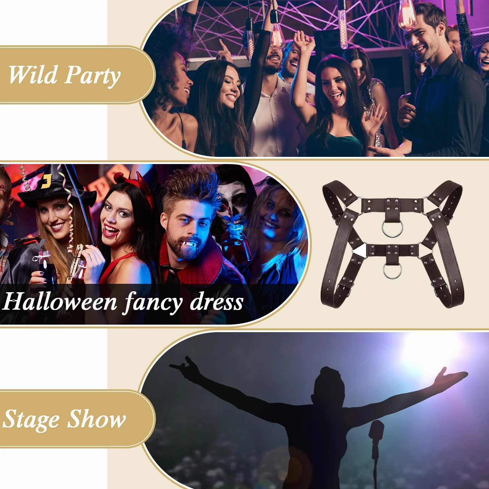 BBTO Cintura Pettorale Regolabile Uomo con Anello Fibbia Punk Costume Halloween Nero
