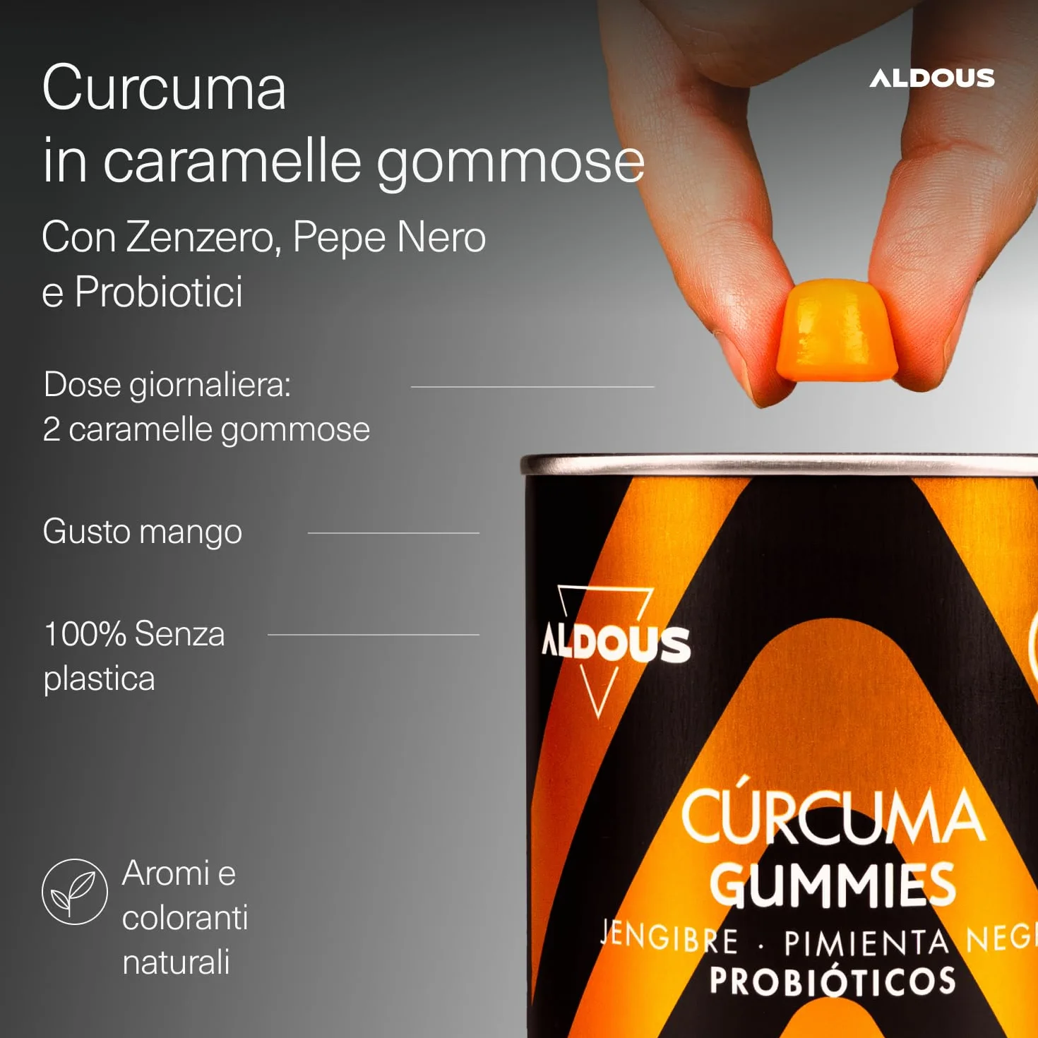 Curcuma e Zenzero con Pepe Nero + PROBIOTICI - 2500mg - 120 Caramelle Gommose - Sapore Naturale di Mango e Zenzero Piccante - ALDOUS