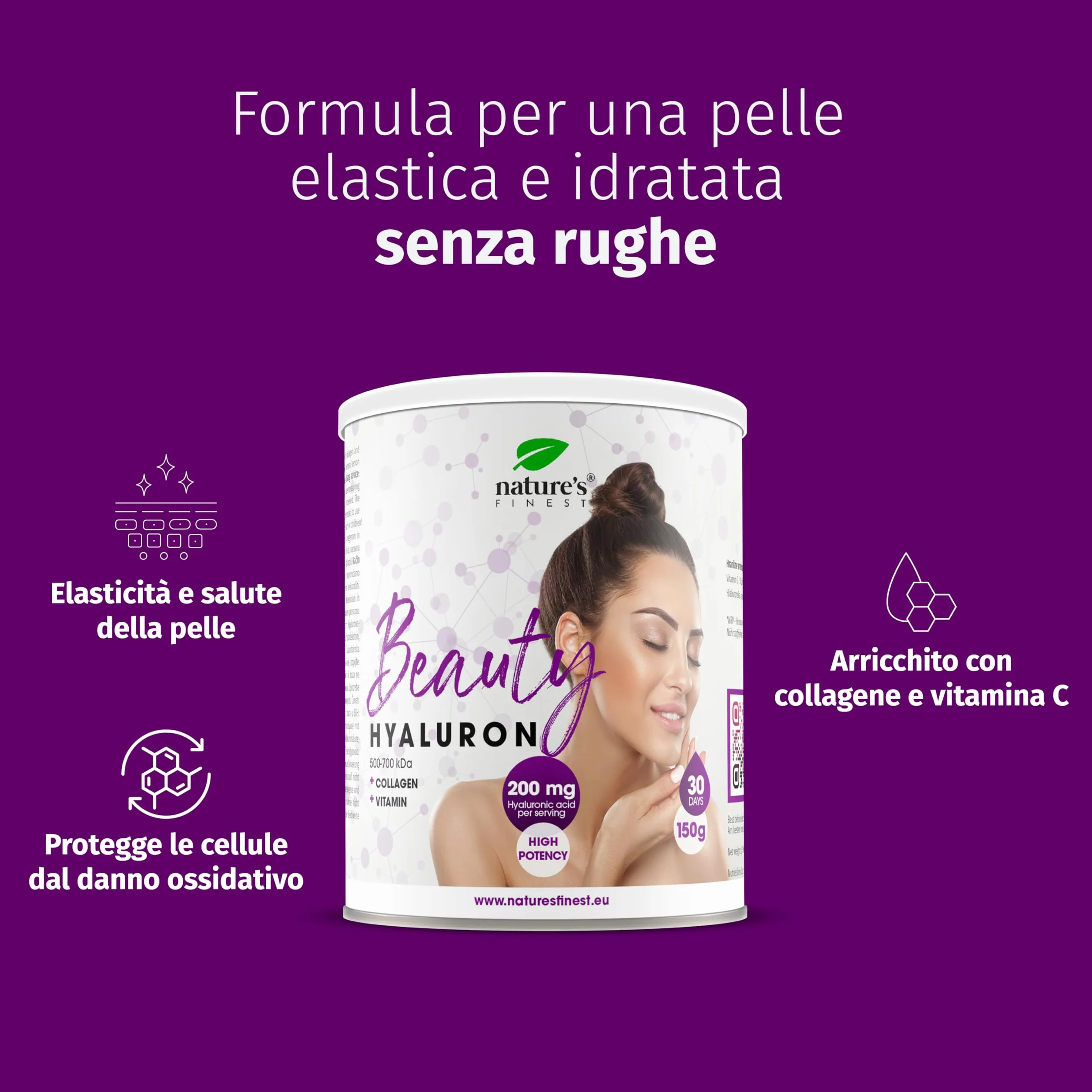 Nature's Finest Beauty Hyaluron Collagene con Acido Ialuronico 200mg per Dose e Vitamina C, Integratori per Pelle, Capelli e Unghie