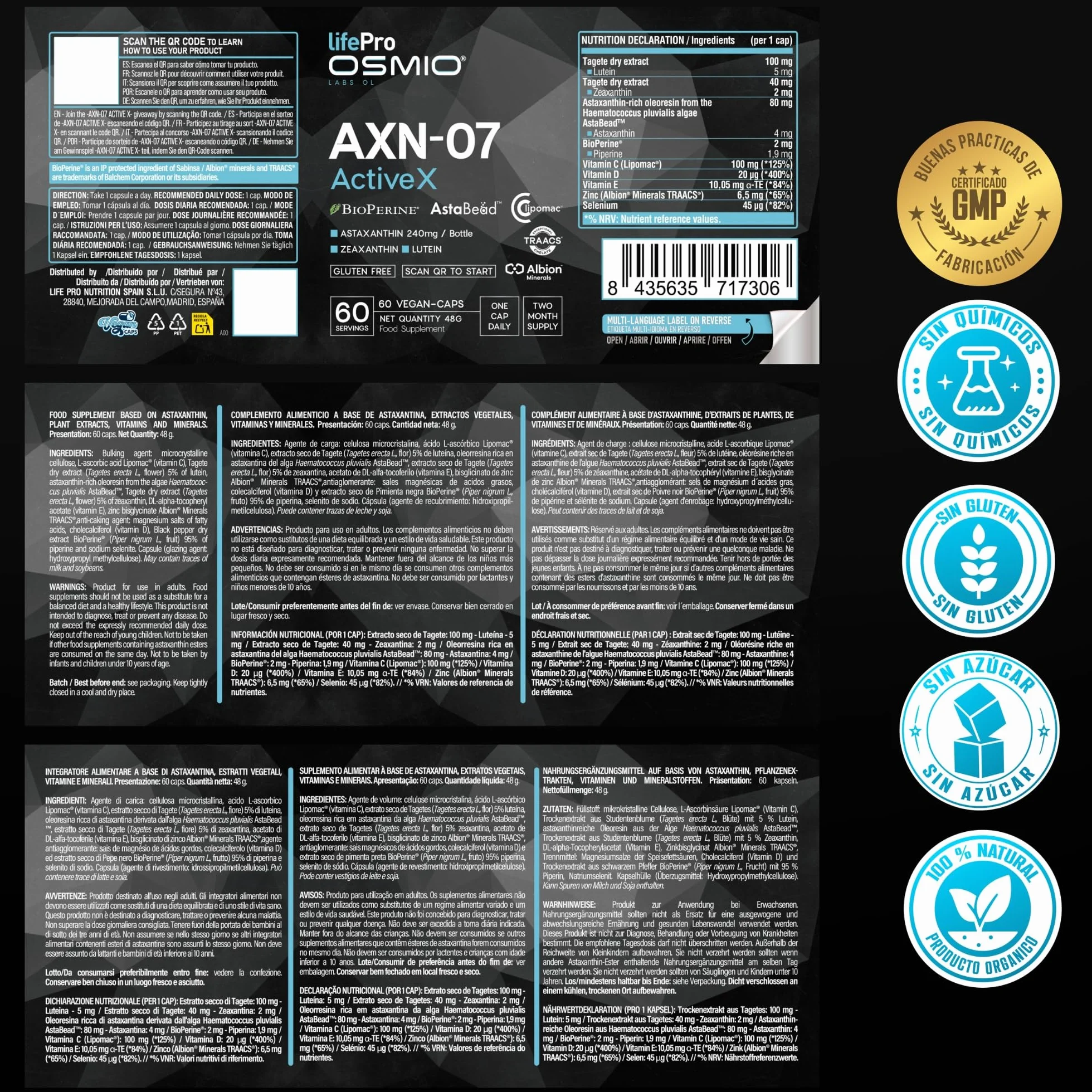 Life Pro Osmium Astaxanthin AXN-07-60 Integratore di Astaxantina con Luteina, Zeaxantina, Vitamine e Minerali Vegano