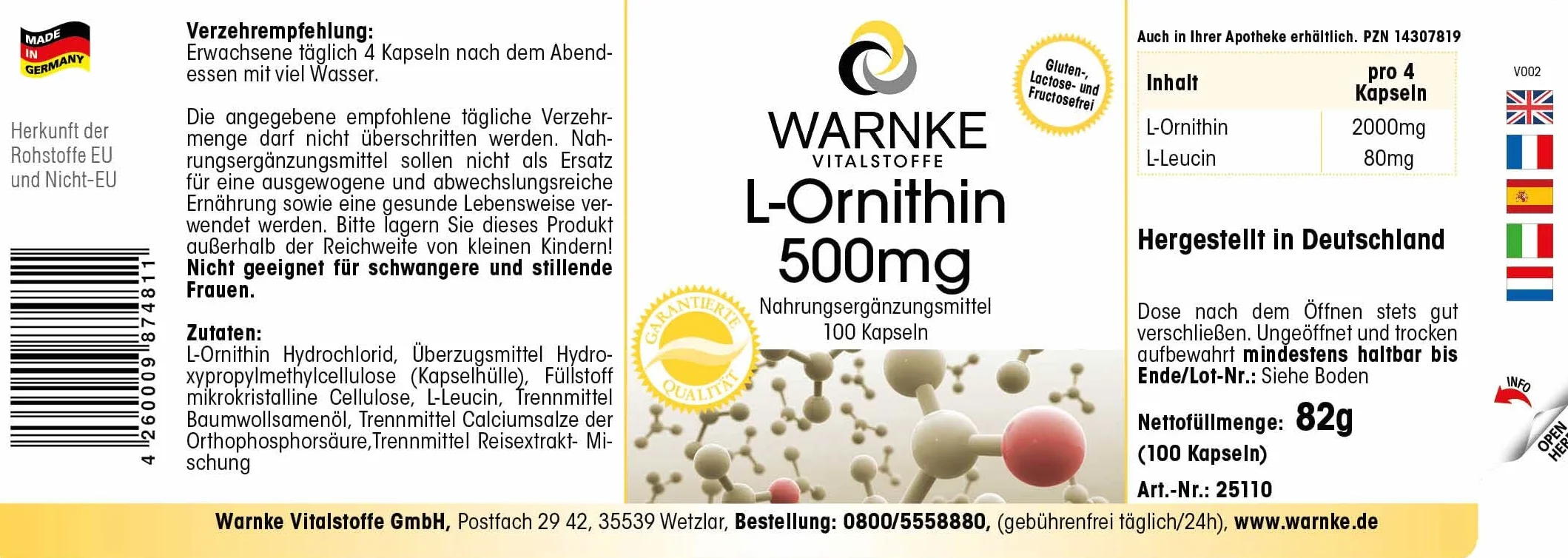 Warnke Vitalstoffe L Ornitina 500mg 100 Capsule Vegan