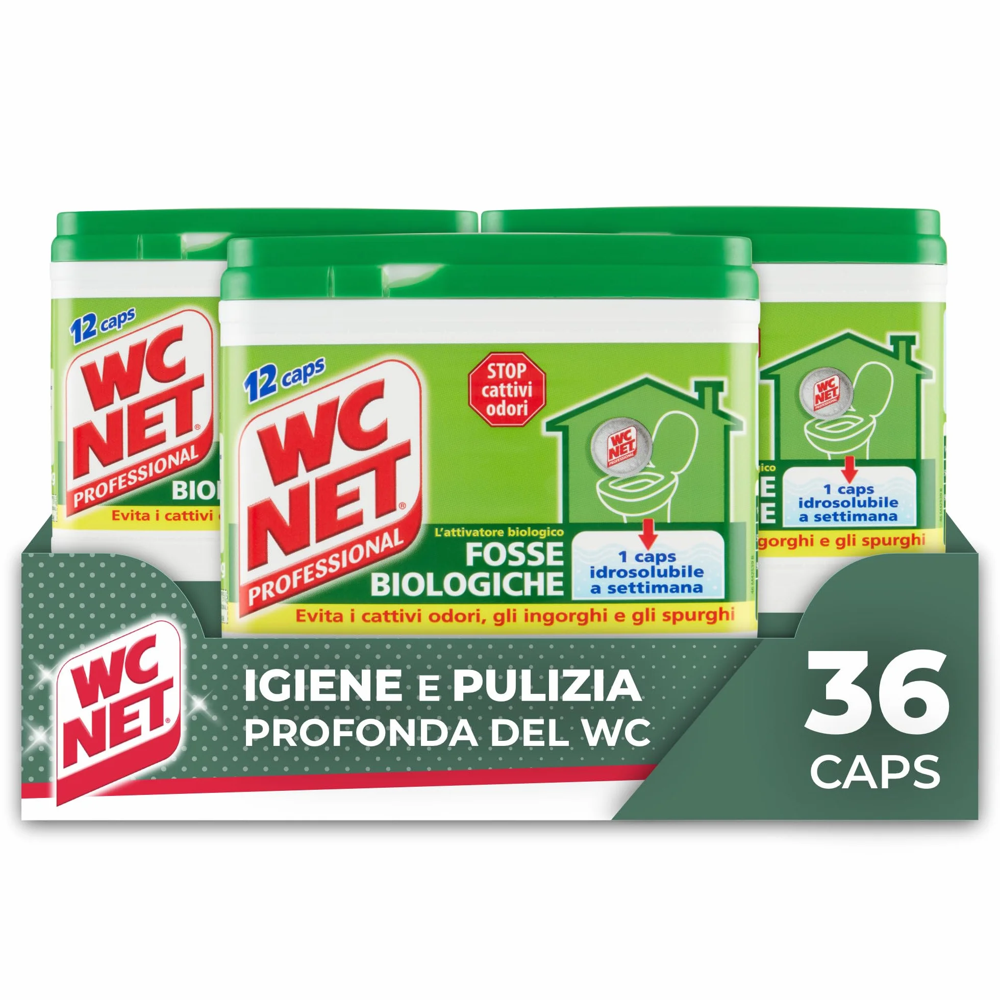 Wc Net Professional, Fosse Biologiche, Capsule Idrosolubili per WC, Scioglie gli Ingorghi, 12 Caps x 3 Confezioni
