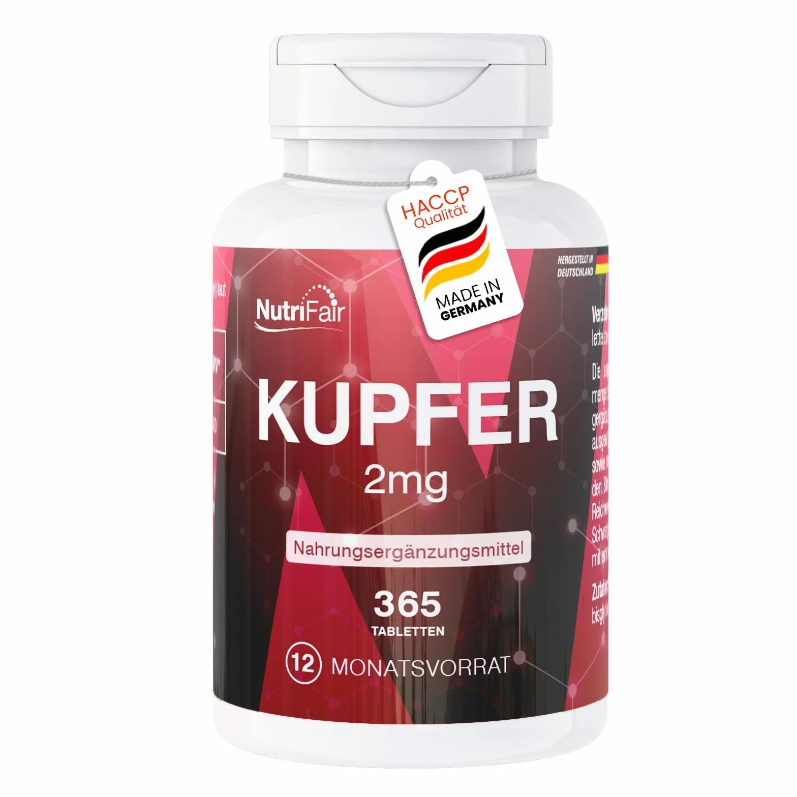 Rame 2mg, 365 compresse, Rame bisglicinato, Alto dosaggio, 100% Vegano, produzione tedesca e test di laboratorio, Premium & Equo