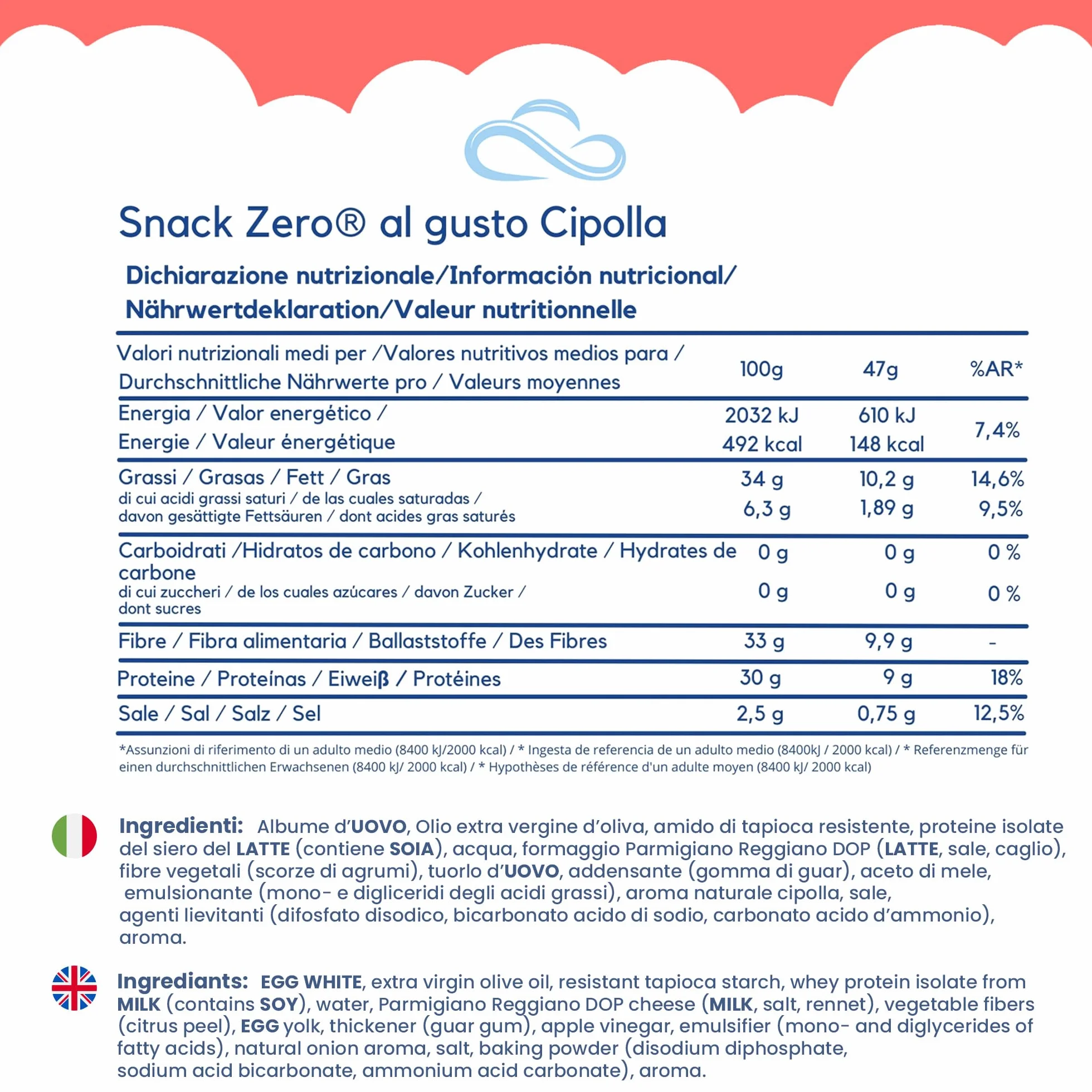 Nuvola Zero - Snack Zero al gusto cipolla, Snack Proteici Senza Zucchero, Zero Carboidrati, Senza Lattosio, Senza Glutine, Confezione da 3pz. Made in Italy.