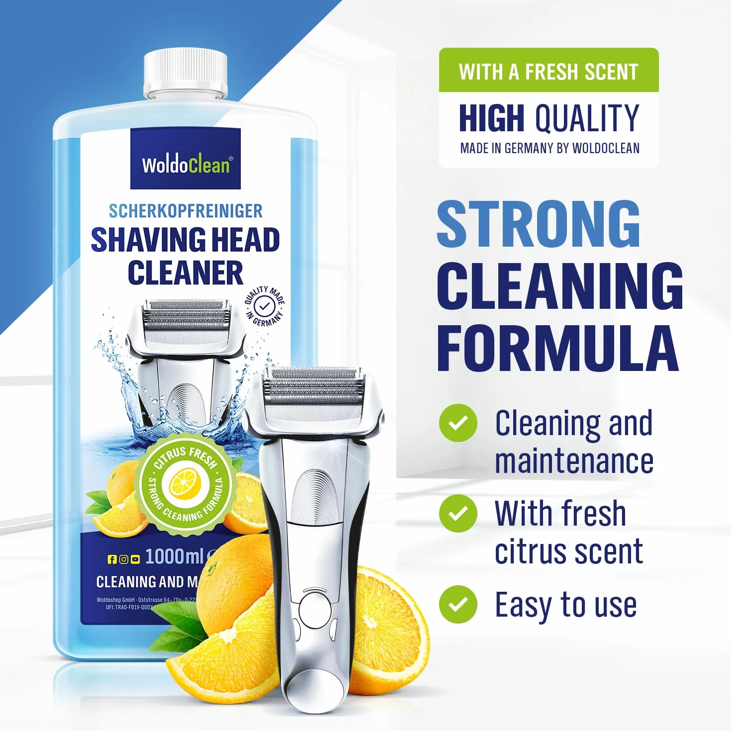 WoldoClean Liquido di Ricarica per Testine 1000ml - Detergente per Rasoi Compatibile con Braun Clean & Renew