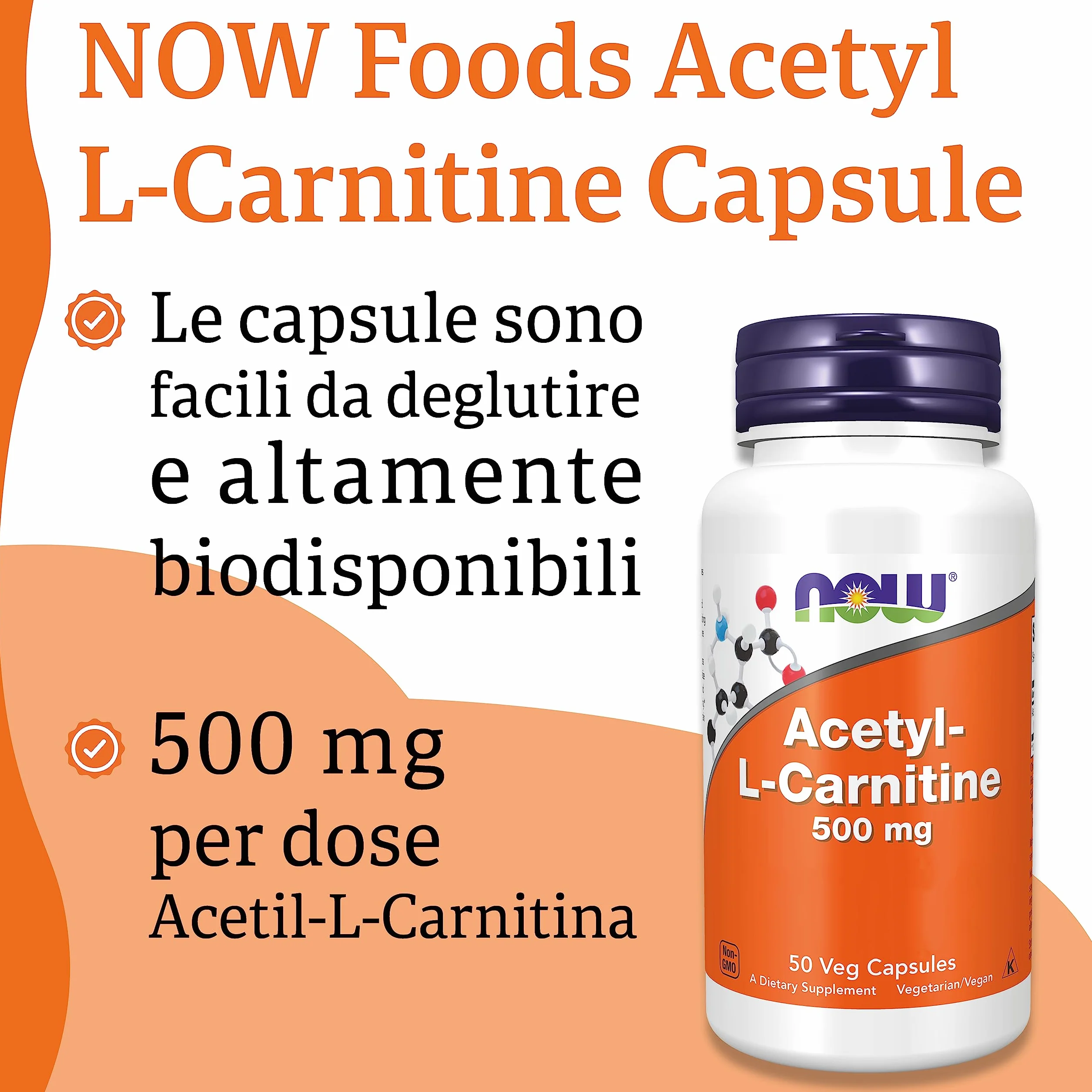 Now Foods, Acetyl-L-Carnitin, 500 mg, 50 Capsule vegan, Testato in Laboratorio, Aminoacido, Senza Glutine, Senza Soia, Vegetariano