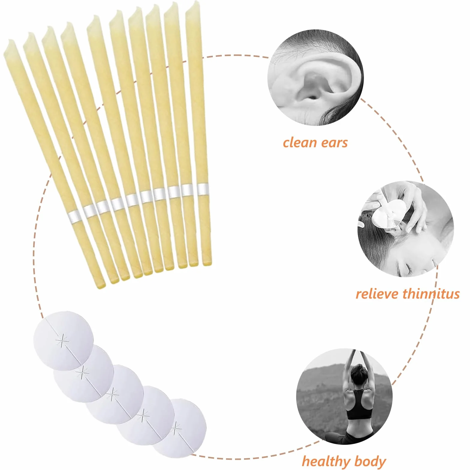 10 Pezzi Candele per orecchie,con cera d'api organica naturale per orecchie bloccate,con 5 Dischi Protettivi per Orecchie Bloccate e 10 pezzi tamponi di cotone