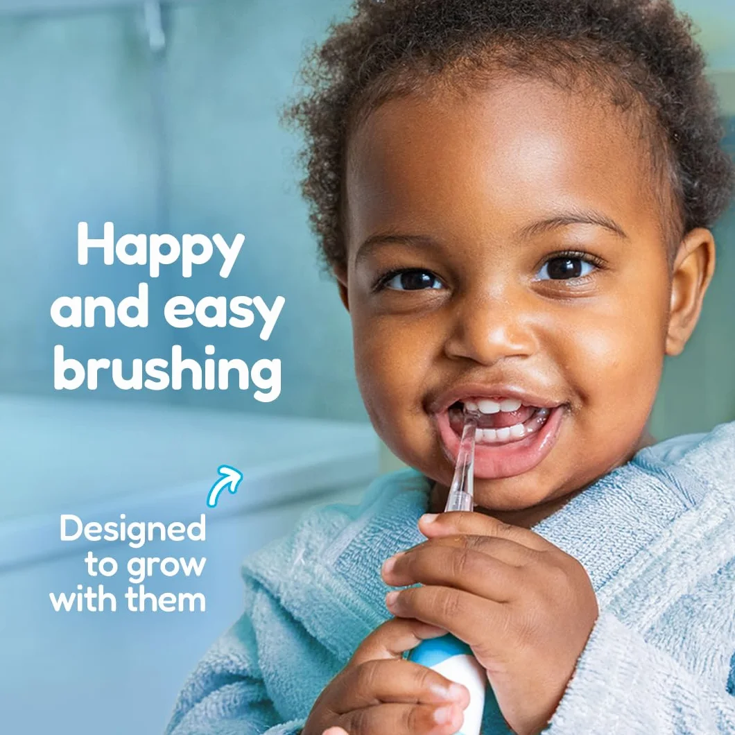 Brush-Baby - BabySonic - Spazzolino elettrico blu, 0-36 mesi, morbido e delicato, per gengive sensibili e denti nuovi, con luce LED e base di aspirazione, testine per neonati e bambini