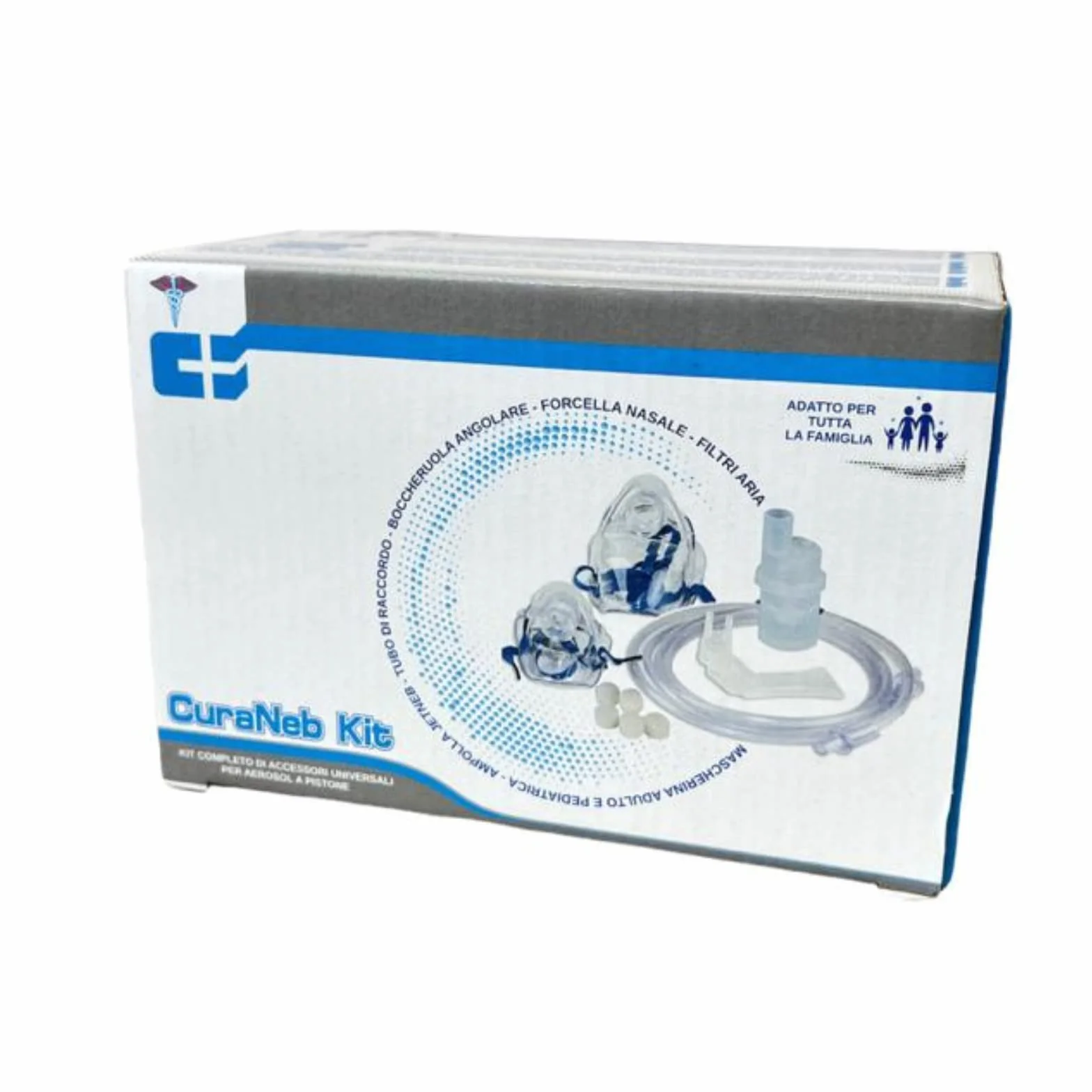 CURA FARMA CuraNeb Kit Ricambio Universale per Aerosol a Pistone con Ampolla, Mascherina Adulti e Bambini, Tubo, Forcella, Boccheruola Compatibile Nebula Aerosol Microlife, Dispositivo Medico CE