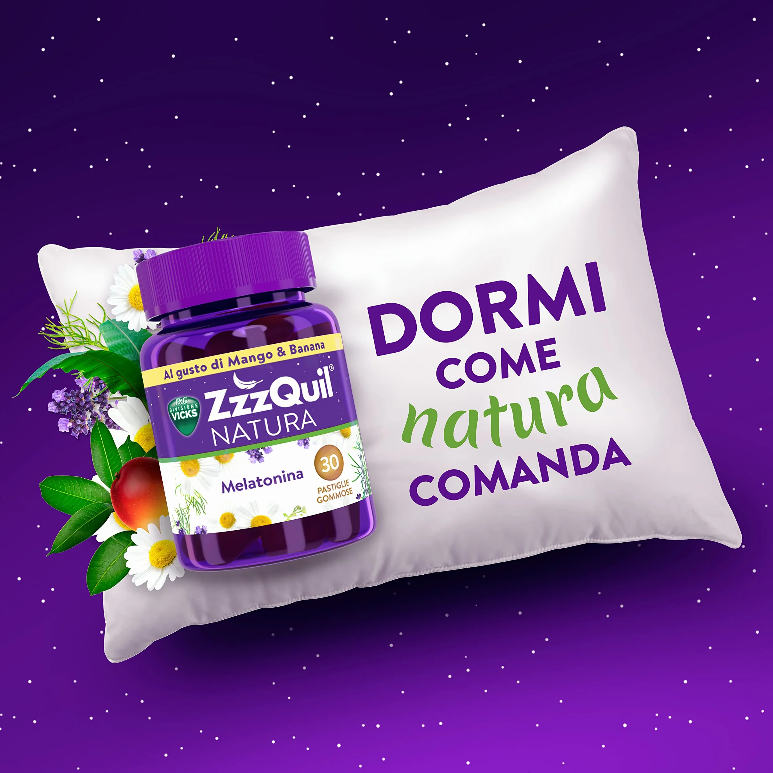 ZzzQuil Natura Integratore Melatonina 2x72 Pastiglie Gommose MISTO Frutti di Bosco Mango Banana