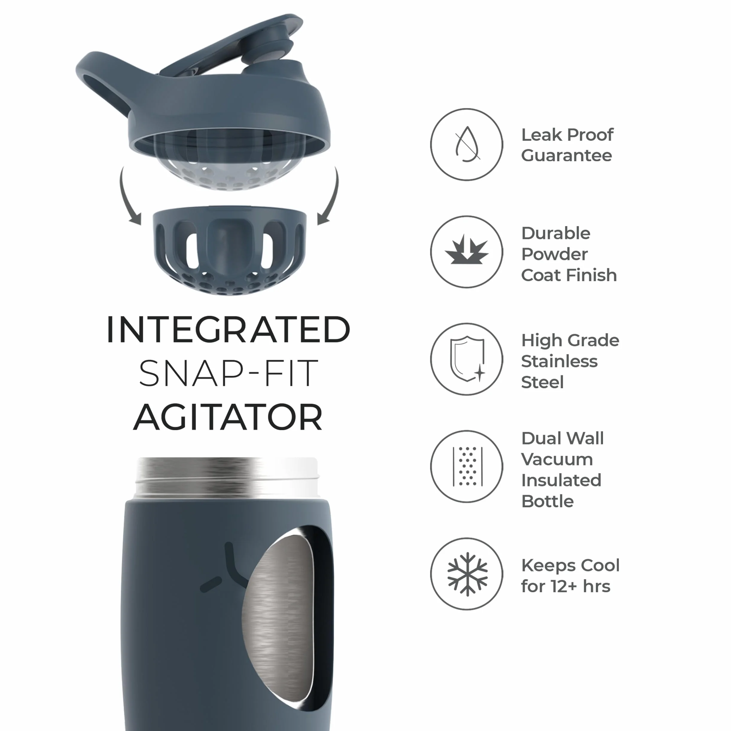 Promixx Pursuit Shaker Bottle New Edition - Borraccia termica in acciaio inox e tazza frullatore, 550ml, Grigio Grafite