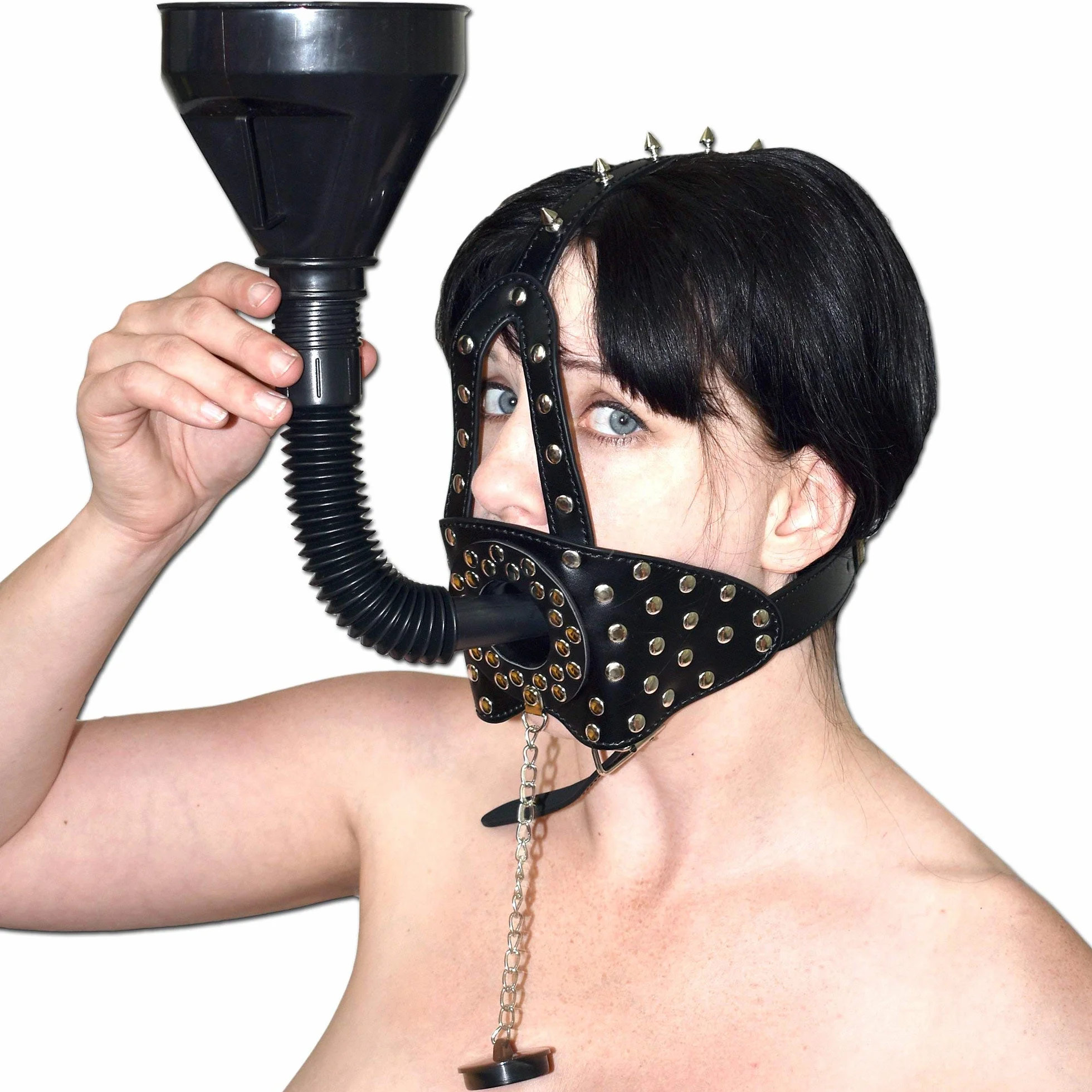 Maschera Fetish Pissgag con Imbuto & Tappo – Bavaglio regolabile in ecopelle per BDSM