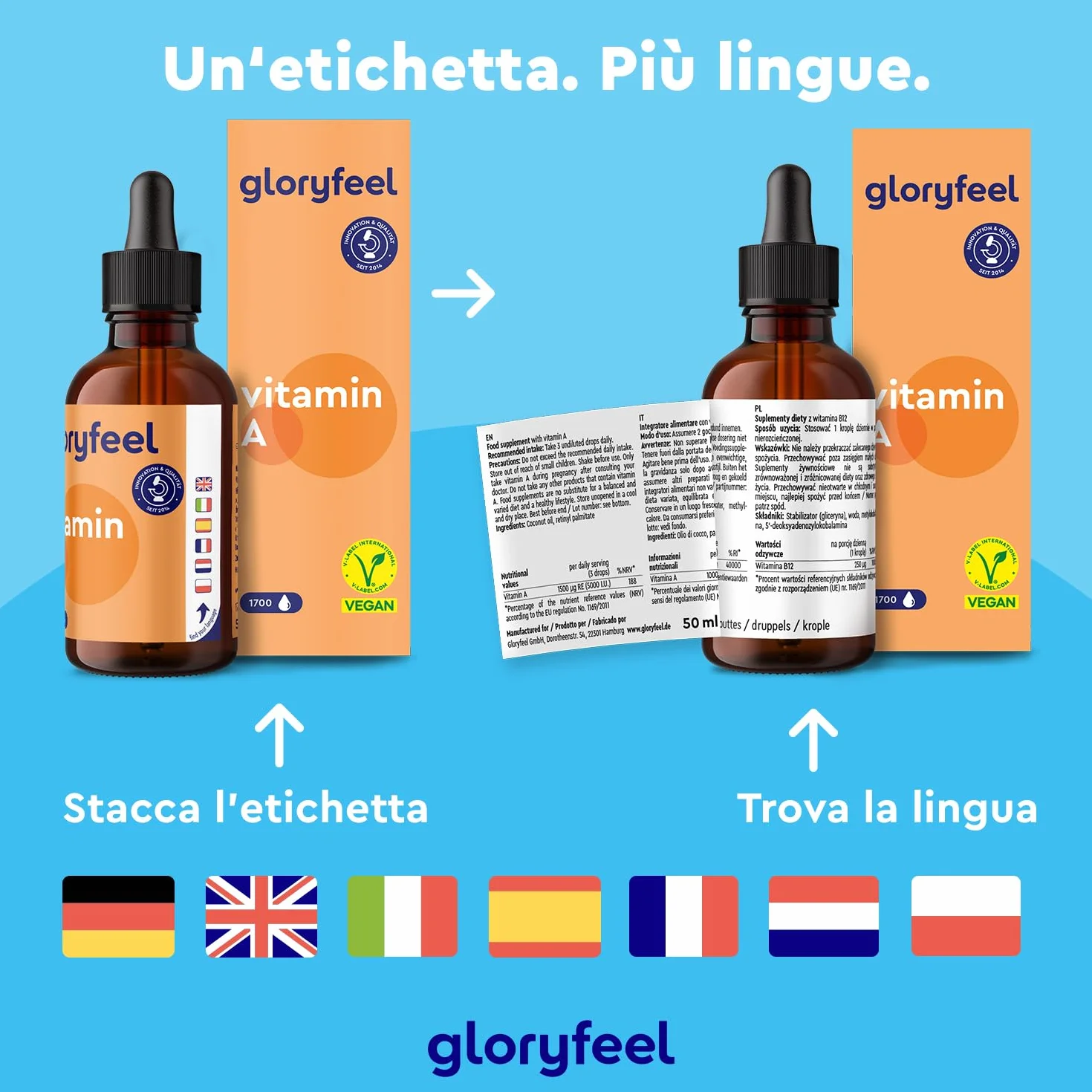 Vitamina A Gocce 3.333 UI 1.000µg, Integratore Vitamina A Pura 50 ml (1700 Gocce), Vitamina A da Palmitato di Retinile, Vitamina A Retinolo in Gocce in Olio TCM, Integratore Pelle & Vista Vit A