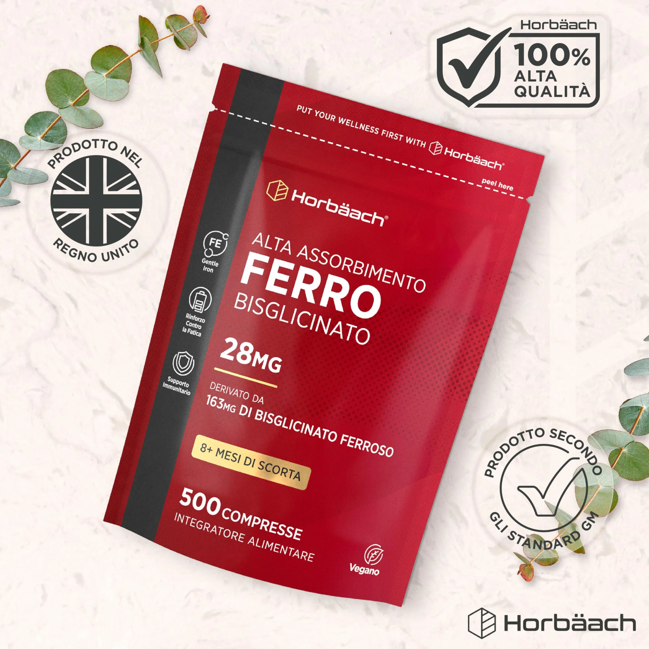 Ferro Integratore Forte 28 mg | 500 Compresse Vegane | Ferro Bisglicinato | Supporto Energetico | Gentle Iron Supplement | di Horbaach