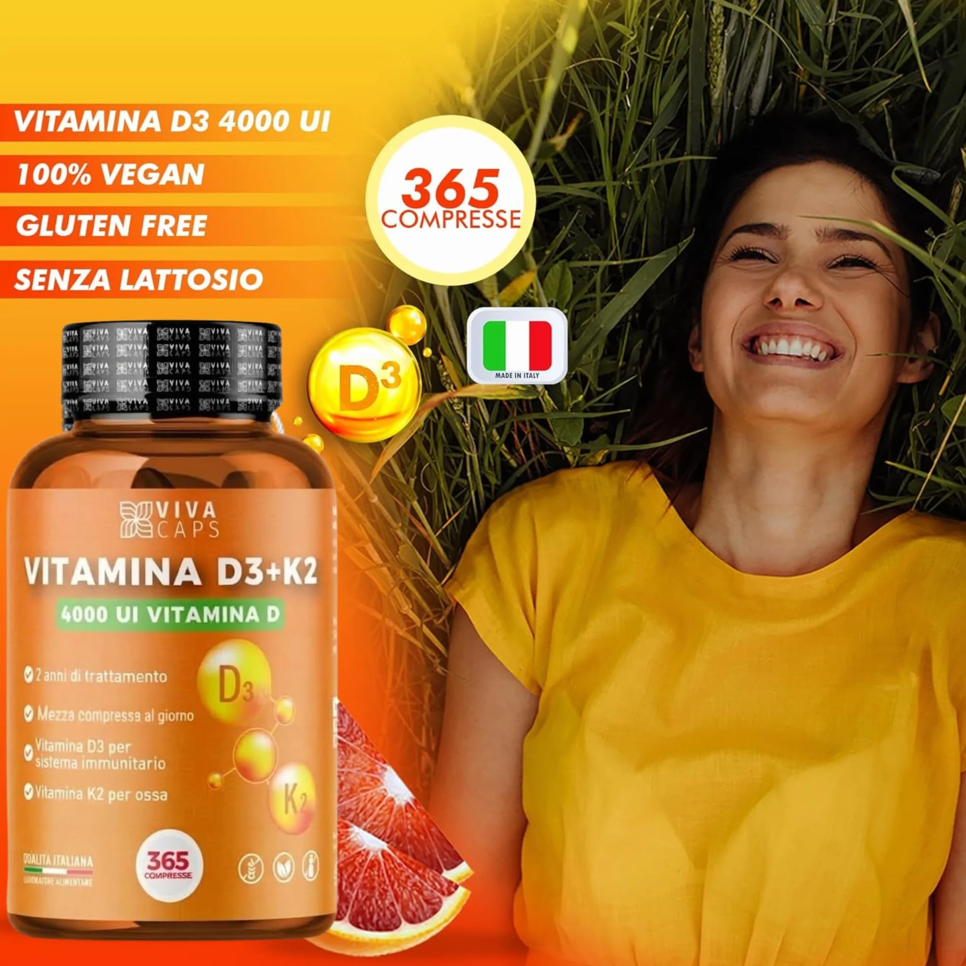 Vitamina D3 K2 MK7 Vegana Alto Dosaggio 365 Micro Compresse 4000 UI 200 mcg Menachinone Sistema Immunitario Ossa Denti Made in Italy