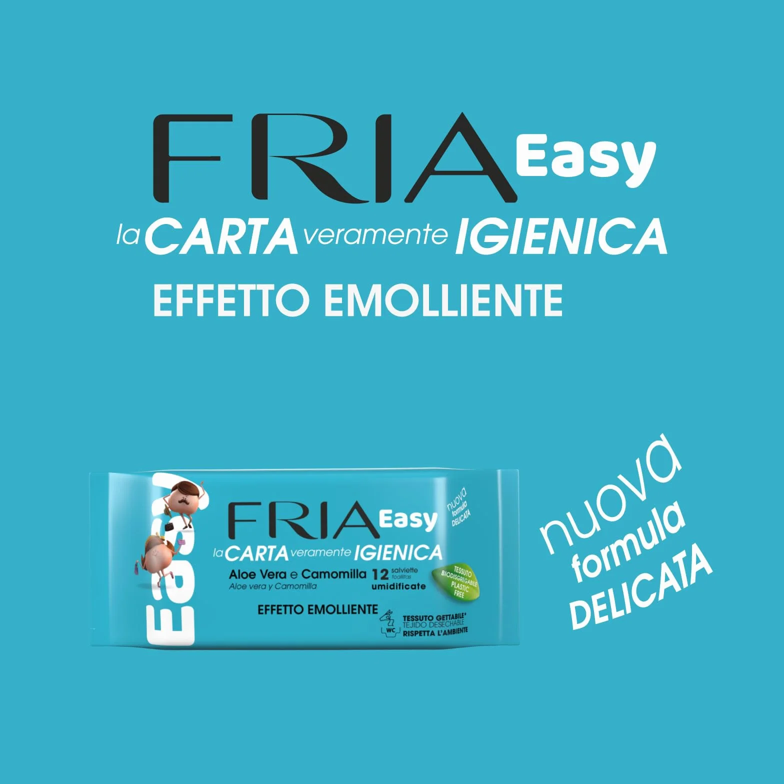 Fria Salviette Umidificate con Aloe Vera e Camomilla, Tessuto Gettabile nel WC, Confezione Tascabile da 12
